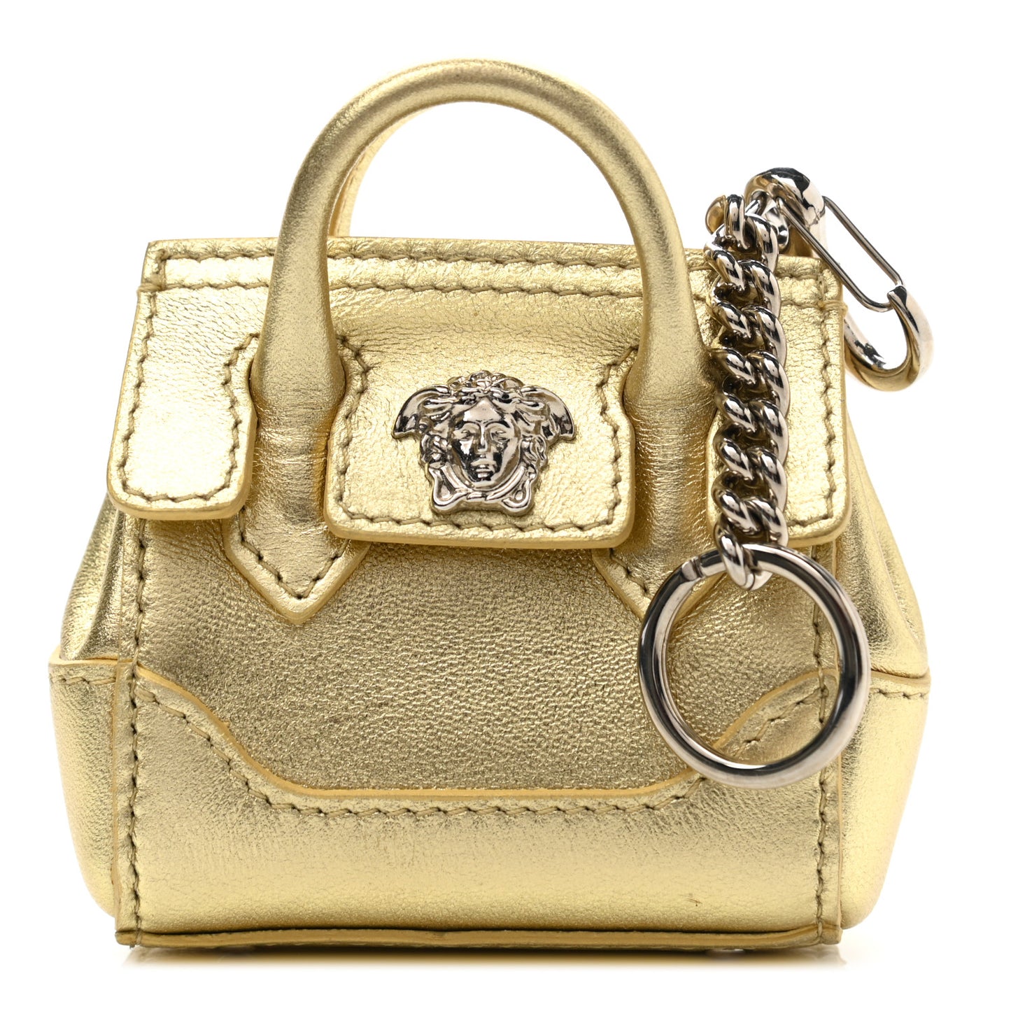 Metallic Grained Calfskin Nano La Medusa Bag Key Ring Pouch Gold