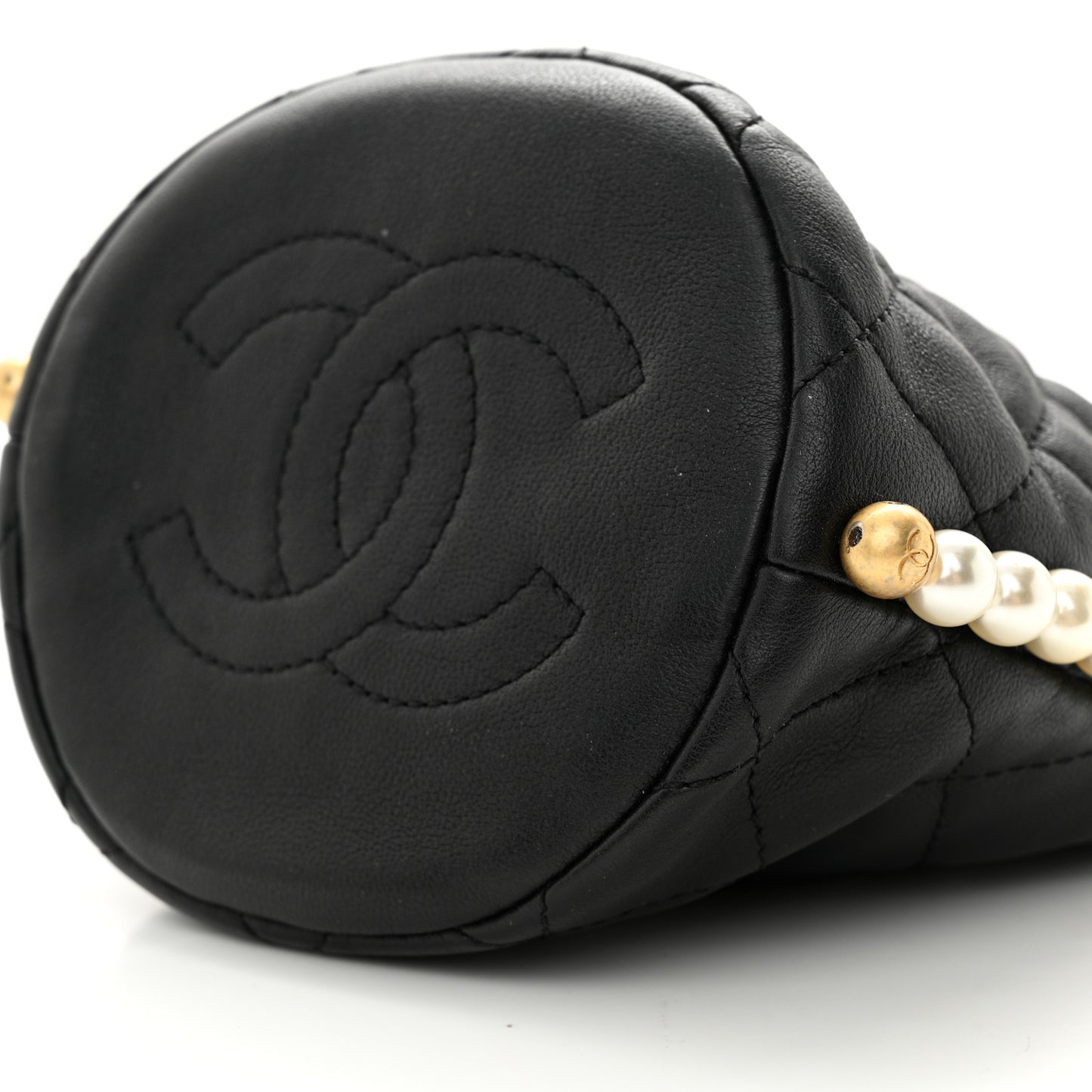 Calfskin Quilted Pearl Mini About Pearls Drawstring Bucket Bag Black