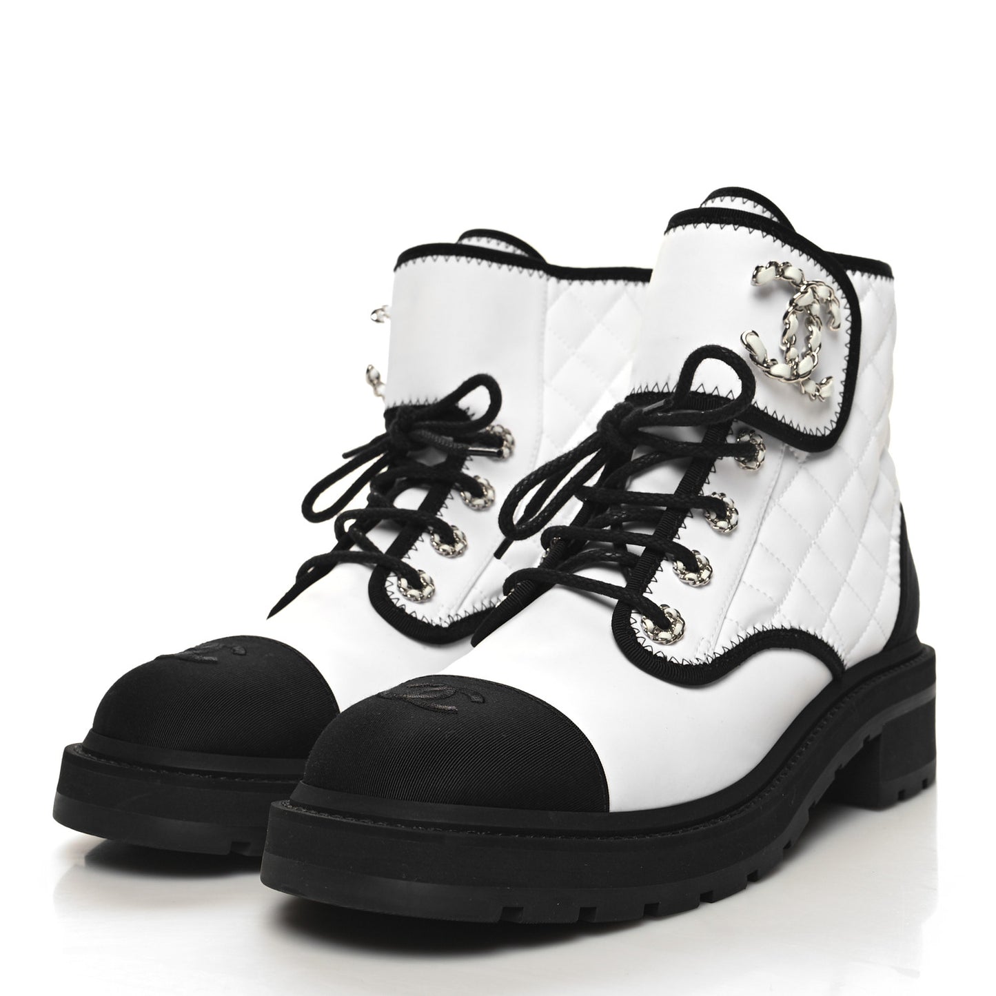 Fabric Grosgrain Quilted Cap Toe Lace Up Combat Boots 41 White Black