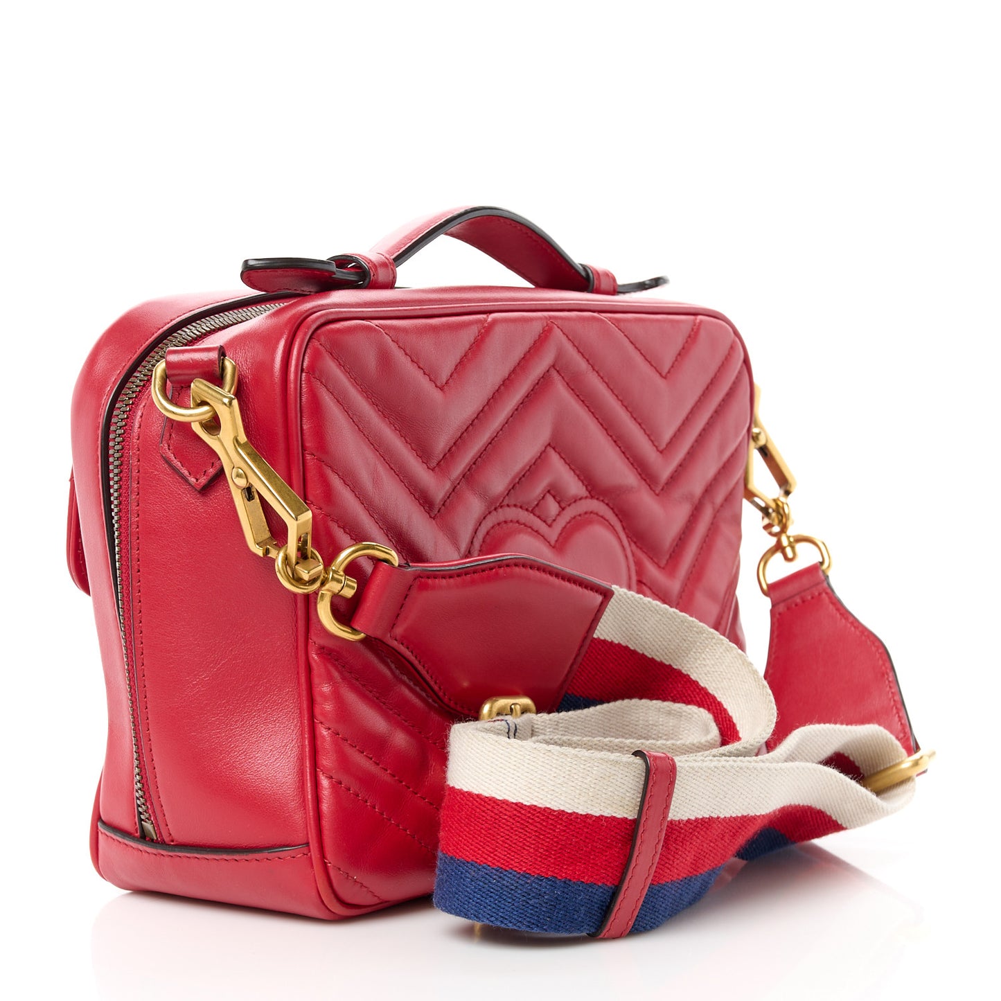 Calfskin Matelasse Sylvie Web Small GG Marmont Top Handle Shoulder Bag Hibiscus Red