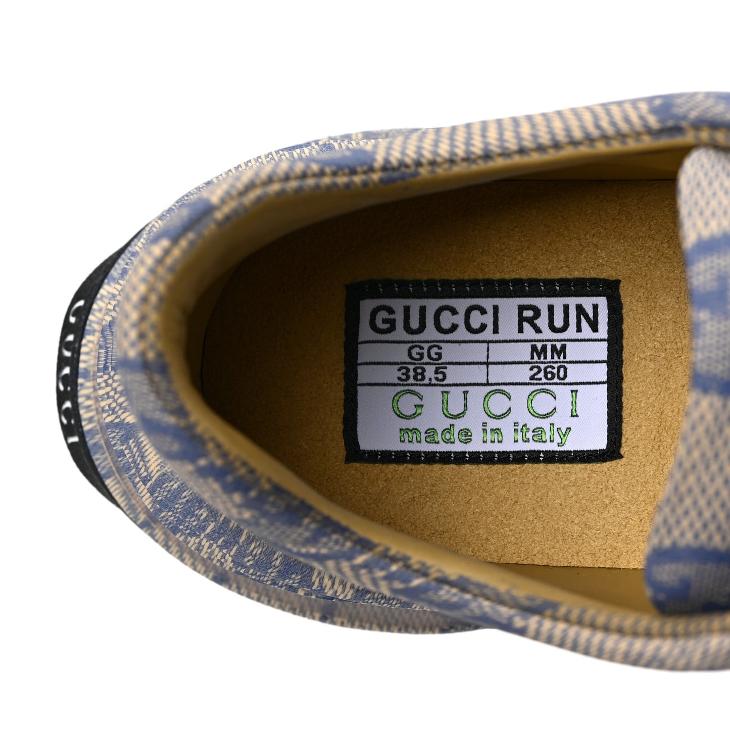 Ultralight Plume Calfskin Monogram Printed Mens Gucci Run Sneakers 38.5 Beige Blue