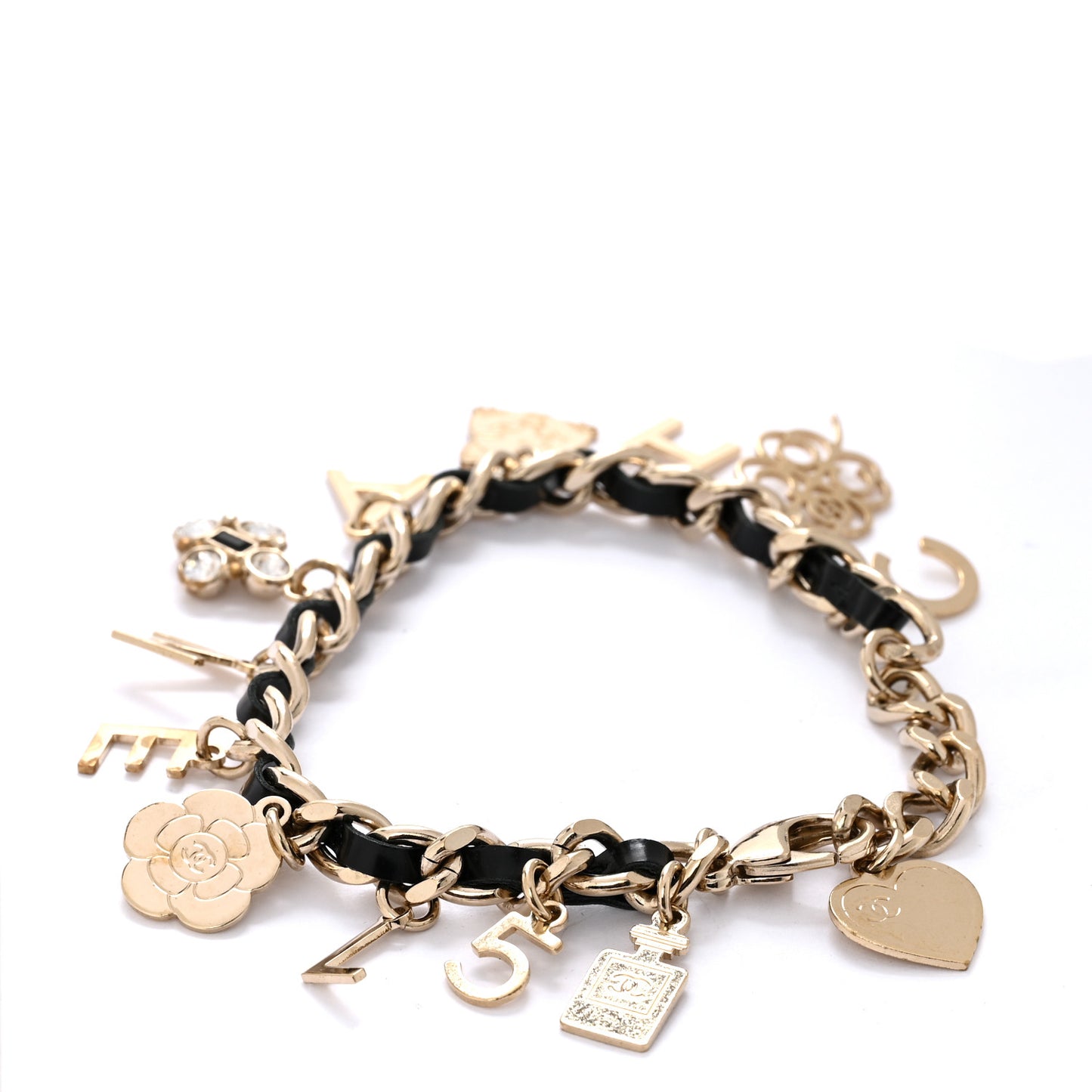 Metal Lambskin Crystal Chain CC Charms Bracelet Gold Black