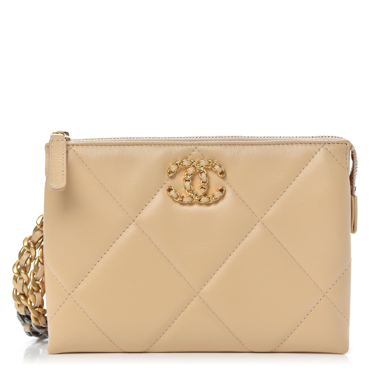Shiny Goatskin Quilted Chanel 19 Small Pouch With Handle Beige