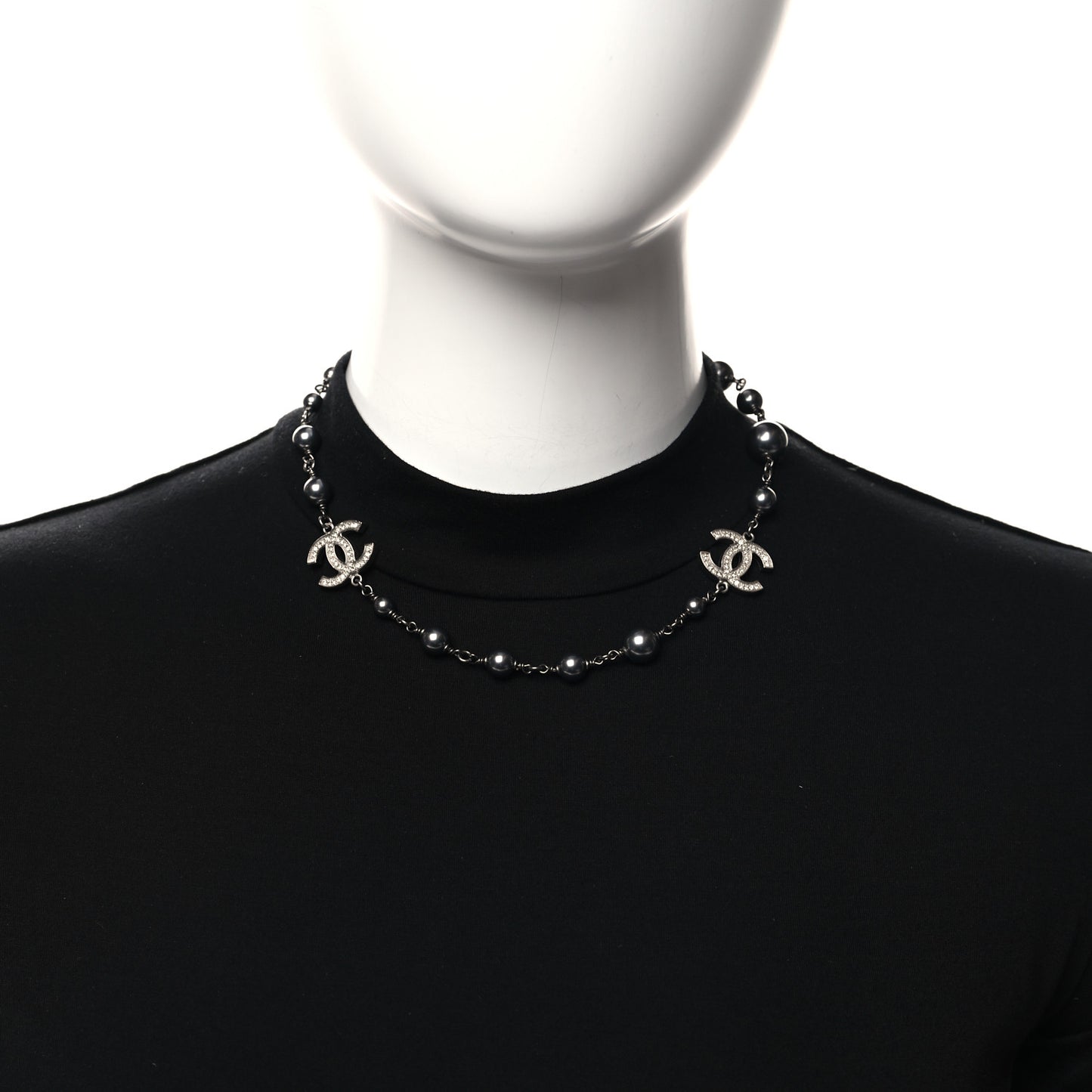 Pearl Crystal Bead CC Necklace Ruthenium