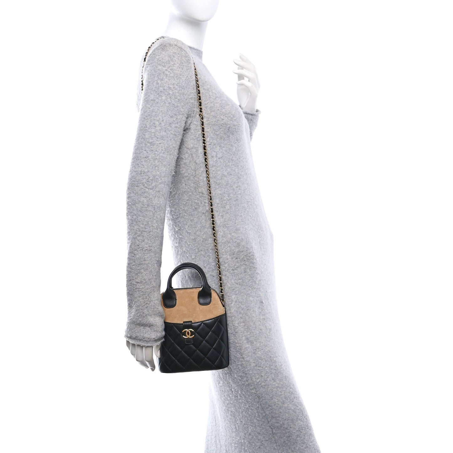 Suede Shiny Lambskin Quilted Top Handle Clutch With Chain Black Beige