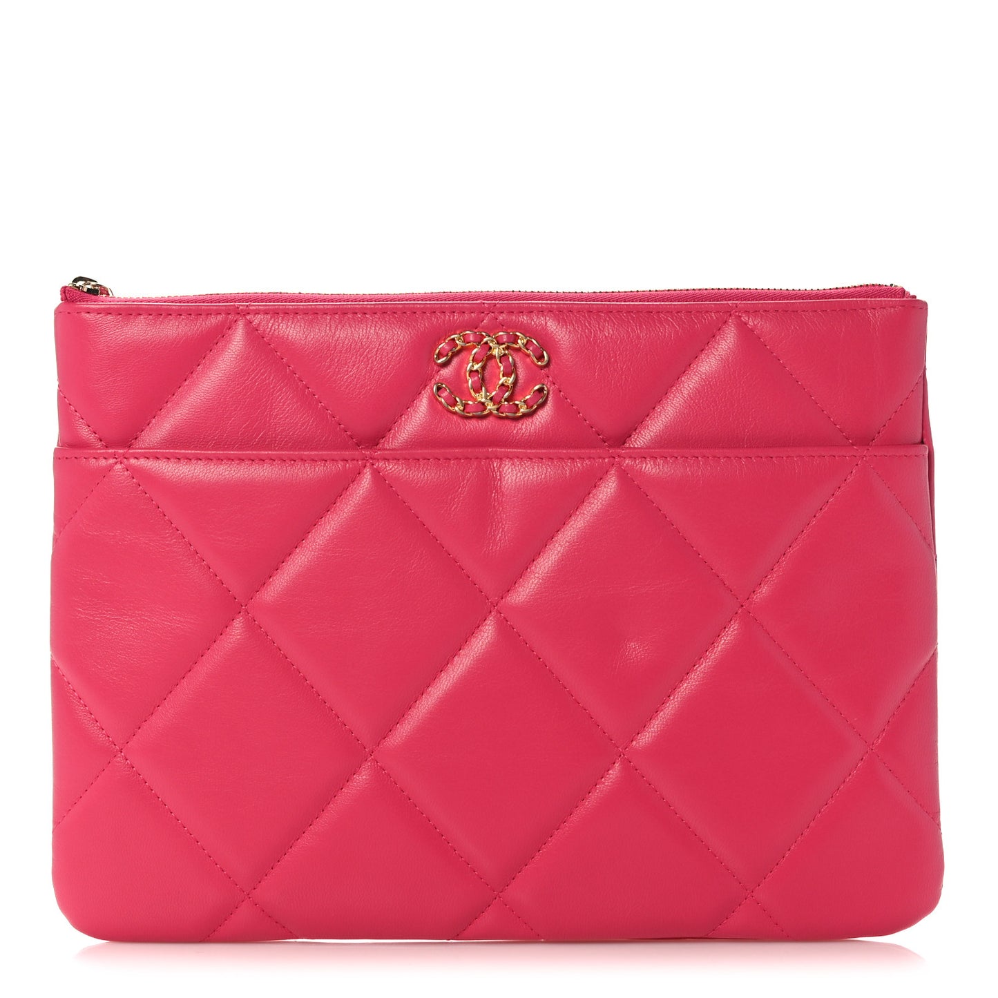 Shiny Goatskin Quilted Chanel 19 Pouch Dark Pink