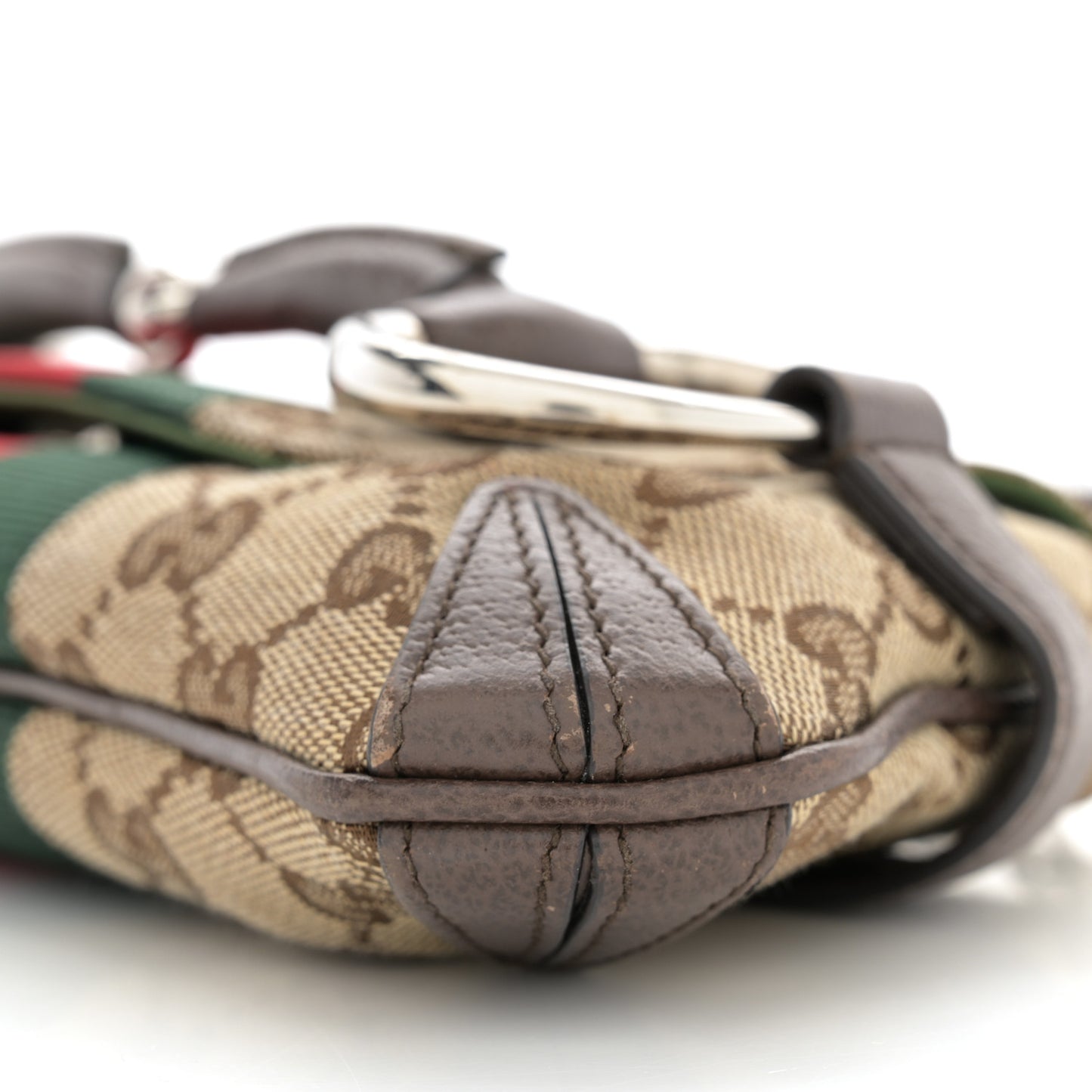 Monogram Textured Dollar Calfskin Heavy Grosgrain Web Small Maxi Horsebit Chain Shoulder Bag Beige Ebony New Acero