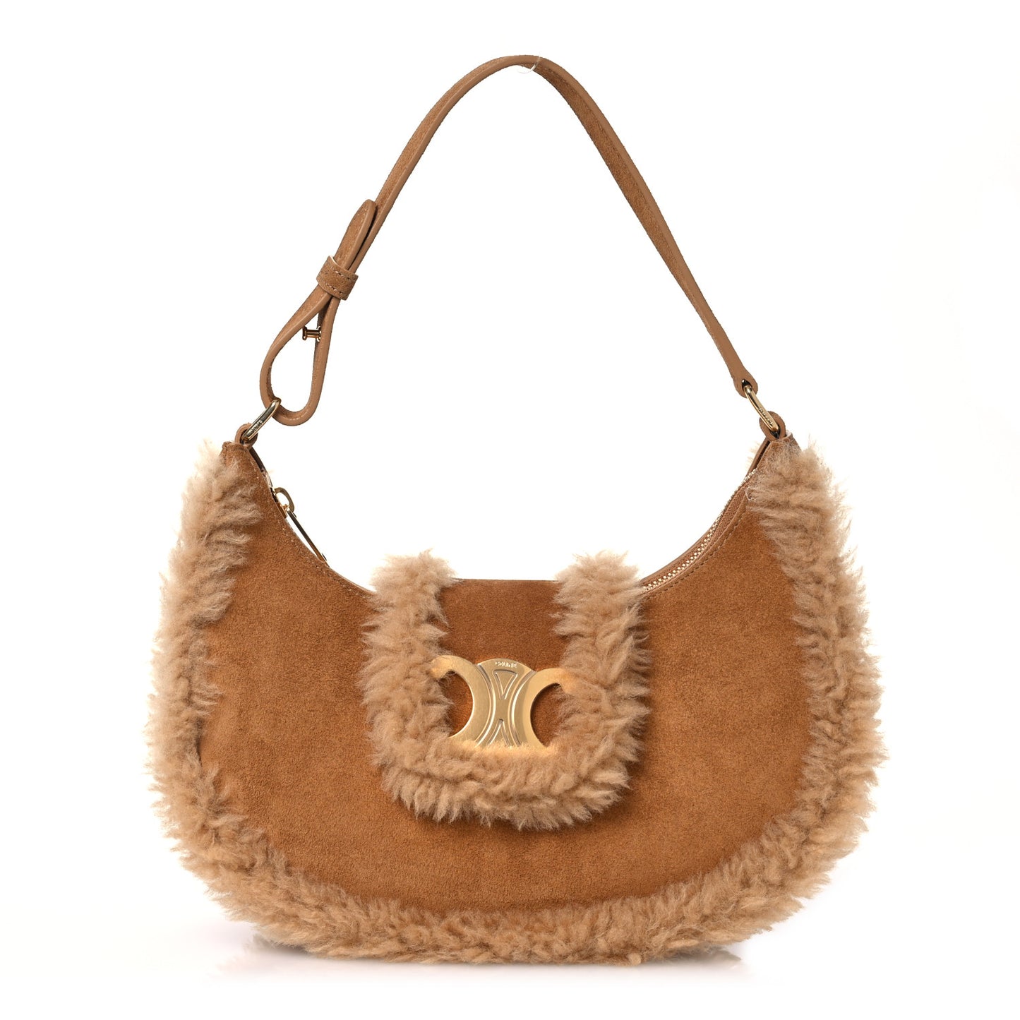 Suede Calfskin Shearling Medium Strap Ava Triomphe Shoulder Bag Tobacco