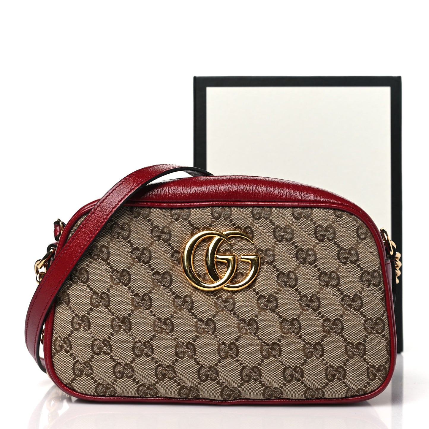 Monogram Azalea Calfskin Matelasse Diagonal Small GG Marmont Chain Shoulder Bag Beige Ebony New Cherry Red