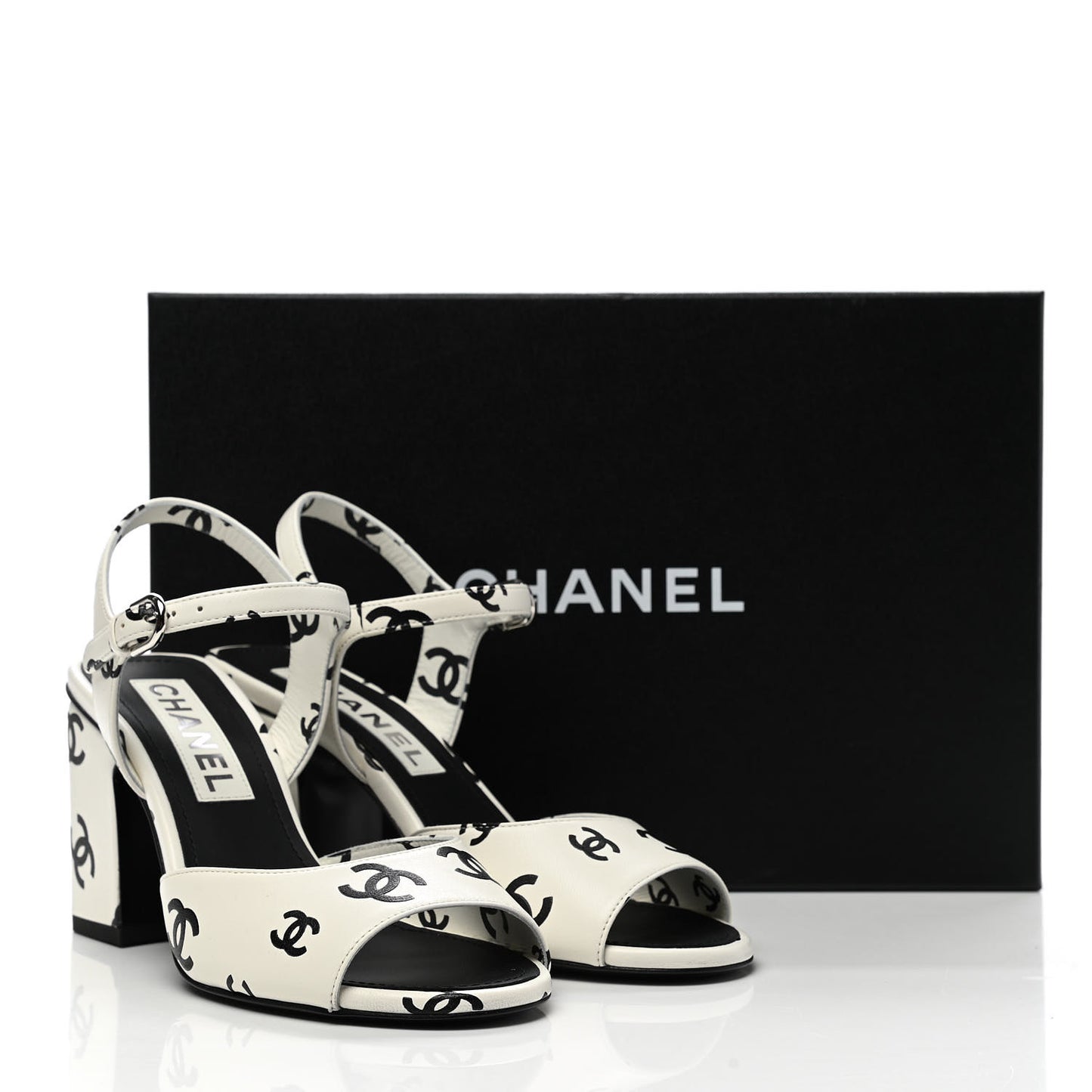 Printed Lambskin CC Sandals 36 White Black
