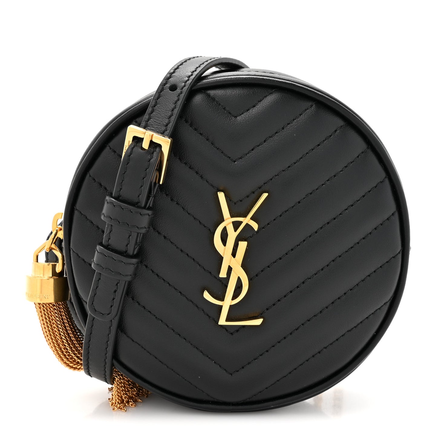 Calfskin Matelasse Chevron Quilted Baby Round Vinyle Belt Bag Black