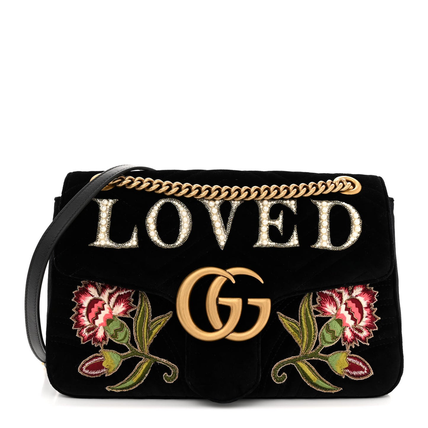 Velvet Matelasse Loved Embroidered Medium GG Marmont Shoulder Bag Black