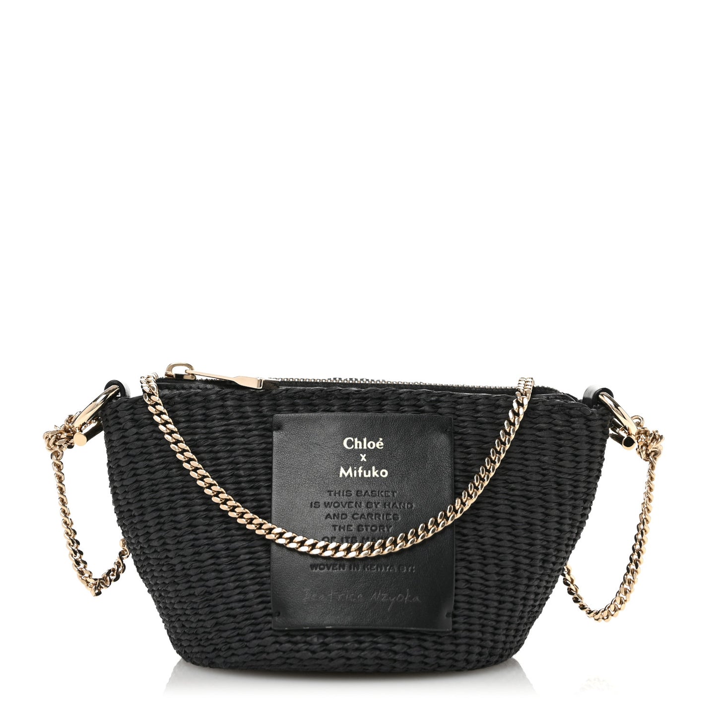 X MIFUKO Raffia Calfskin Mini Chain Basket Black