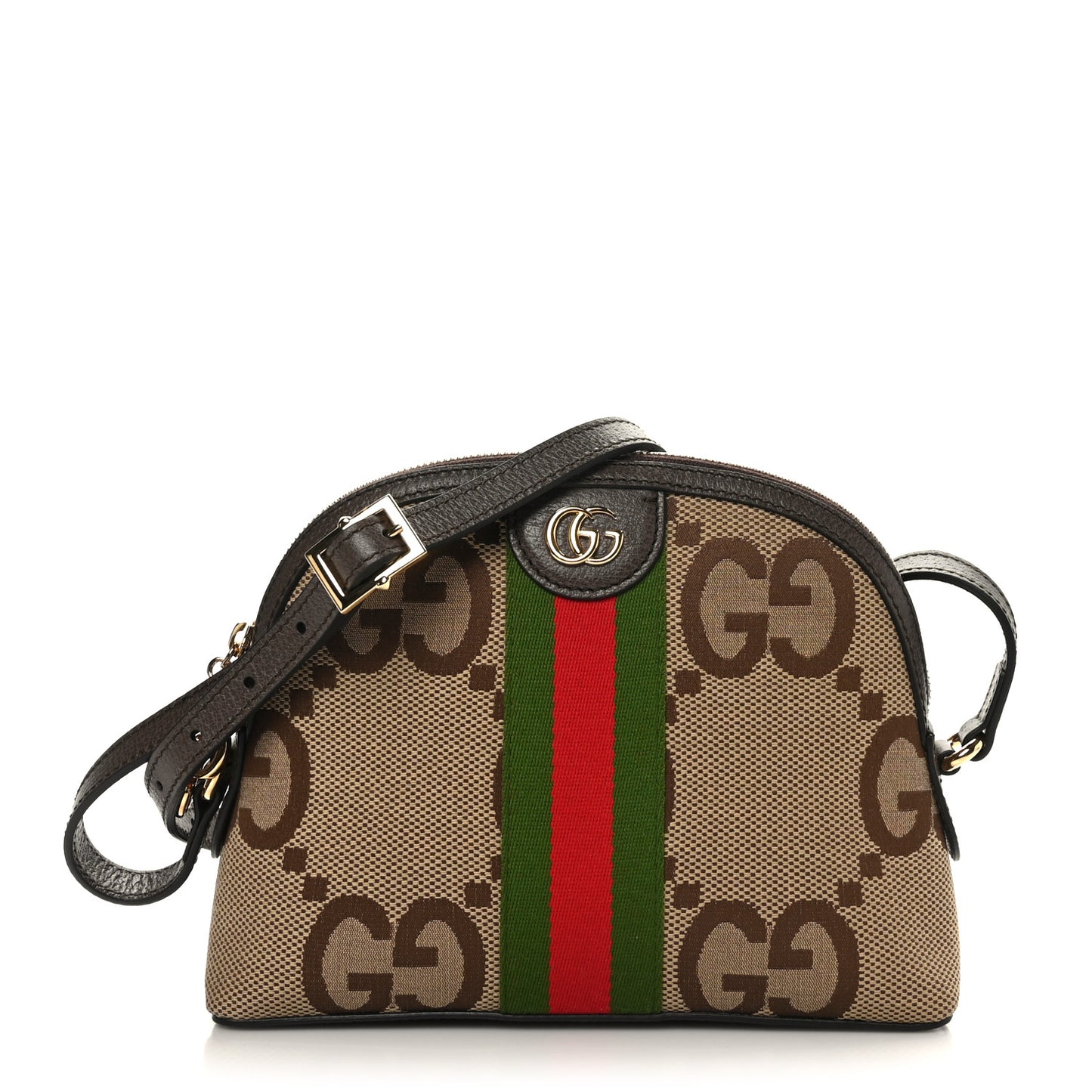 Monogram Jumbo GG Textured Dollar Calfskin Web Small Ophidia Dome Shoulder Bag Camel Ebony New Acero