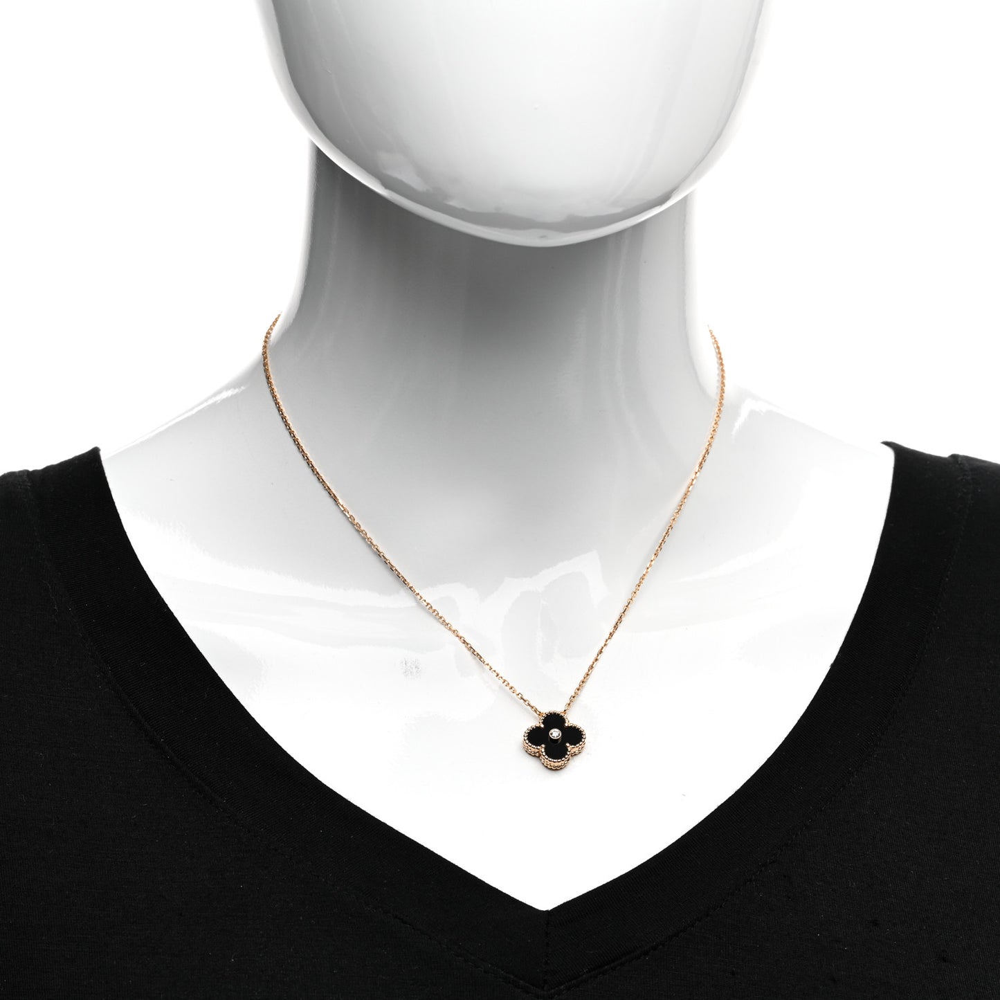 18K Rose Gold Diamond Black Onyx Vintage Alhambra Pendant Necklace