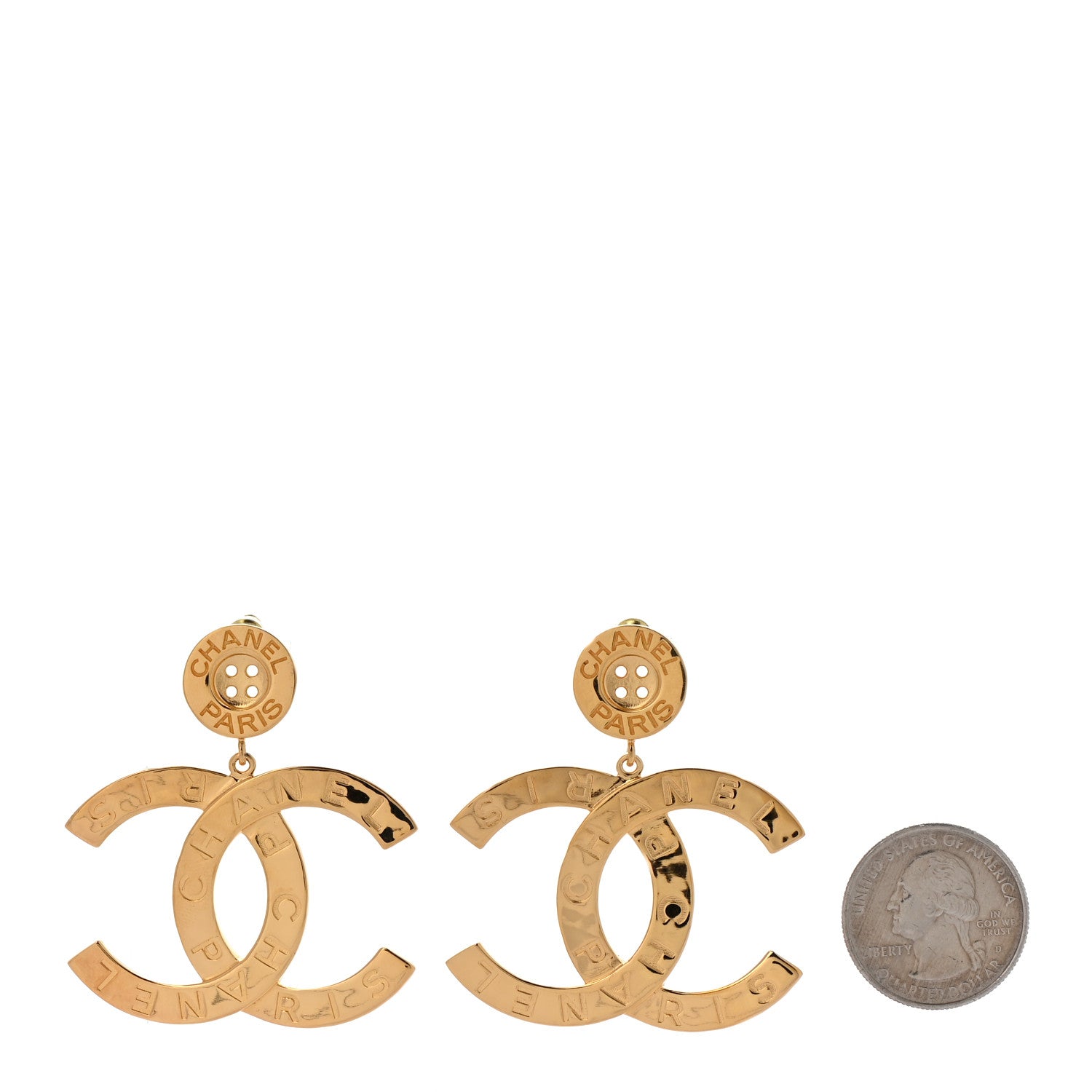 Chanel Metal Large Paris Button Earrings Gold 2 of 4