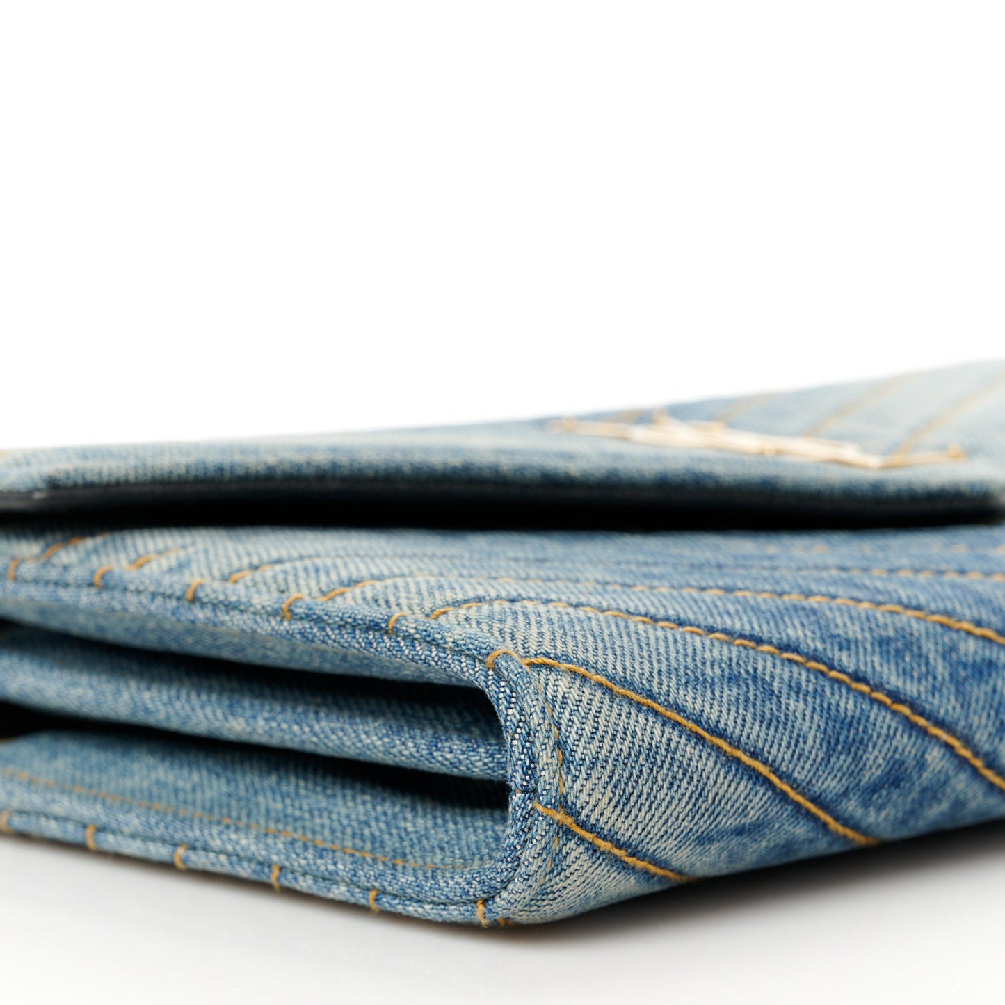Denim Matelasse Chevron Monogram Chain Wallet Blue Jeans