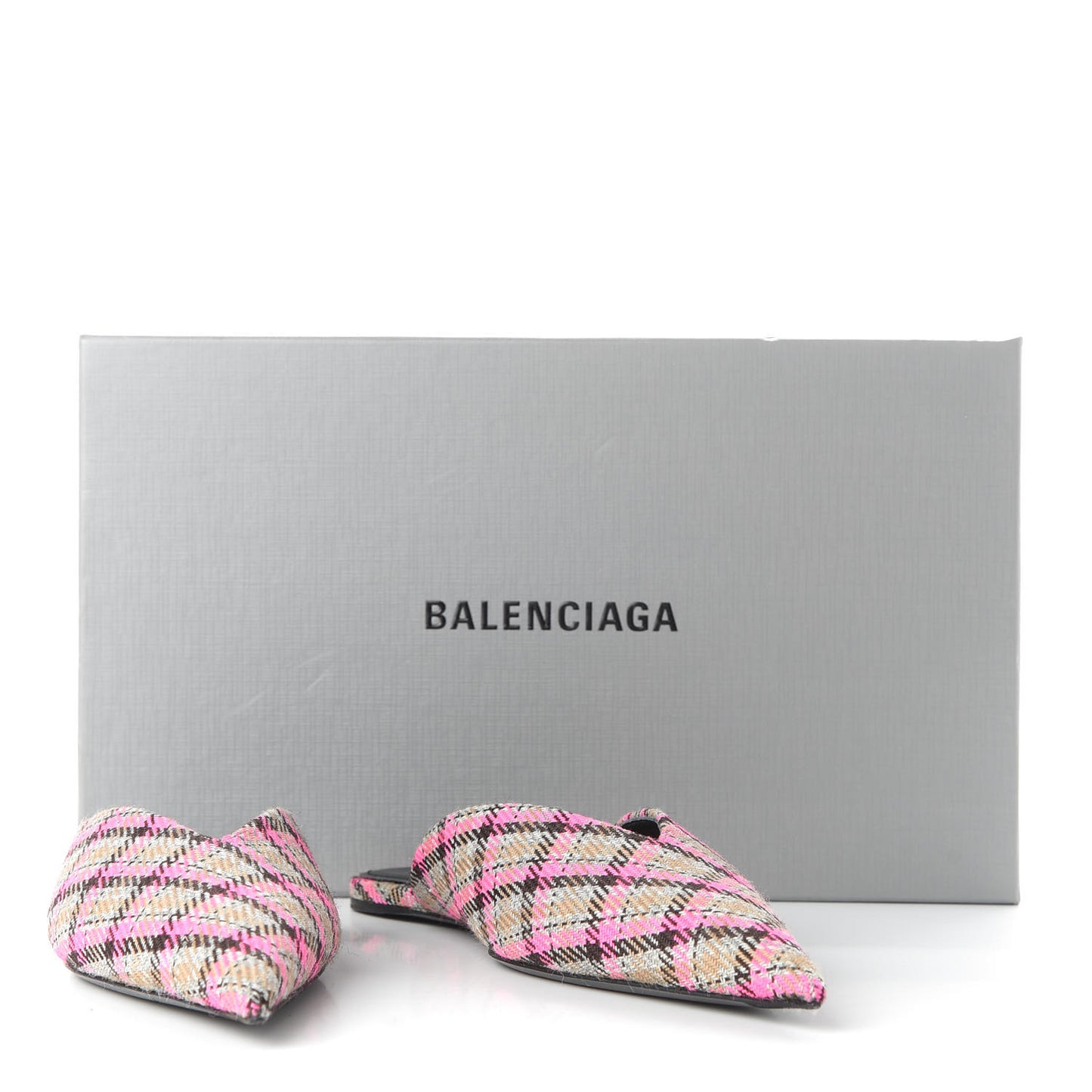 Wool Check Pointed Toe Flat Mules 35 Grey Pink