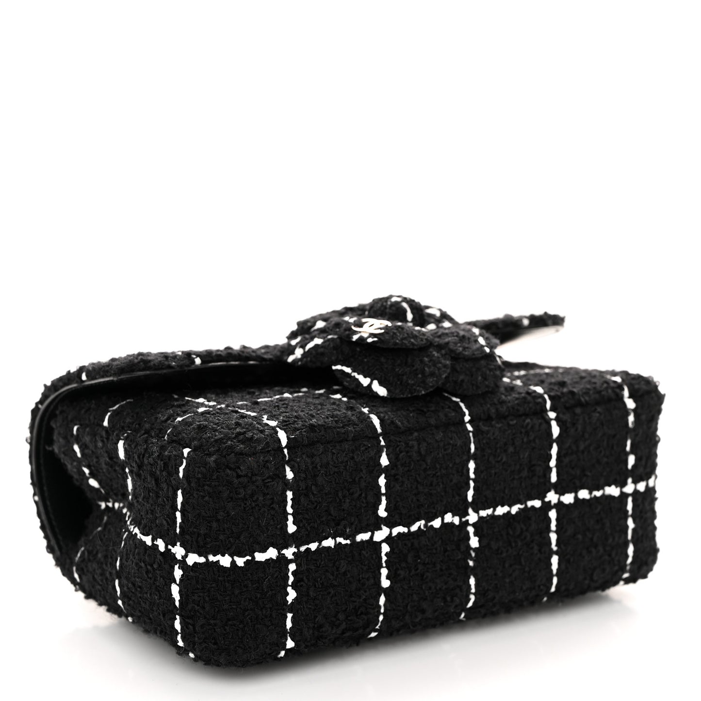 Tweed Quilted Small Camellia Flap Black Pink