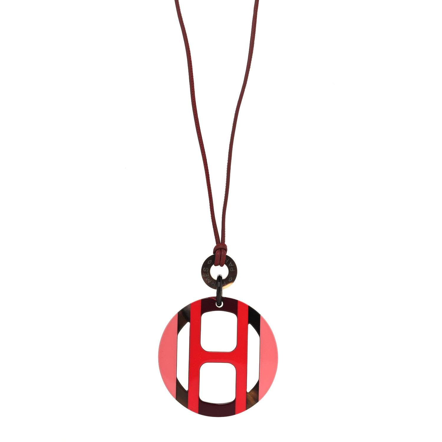 Hermes Buffalo Horn Lacquer H Equipe Pendant Necklace Rouge Rose