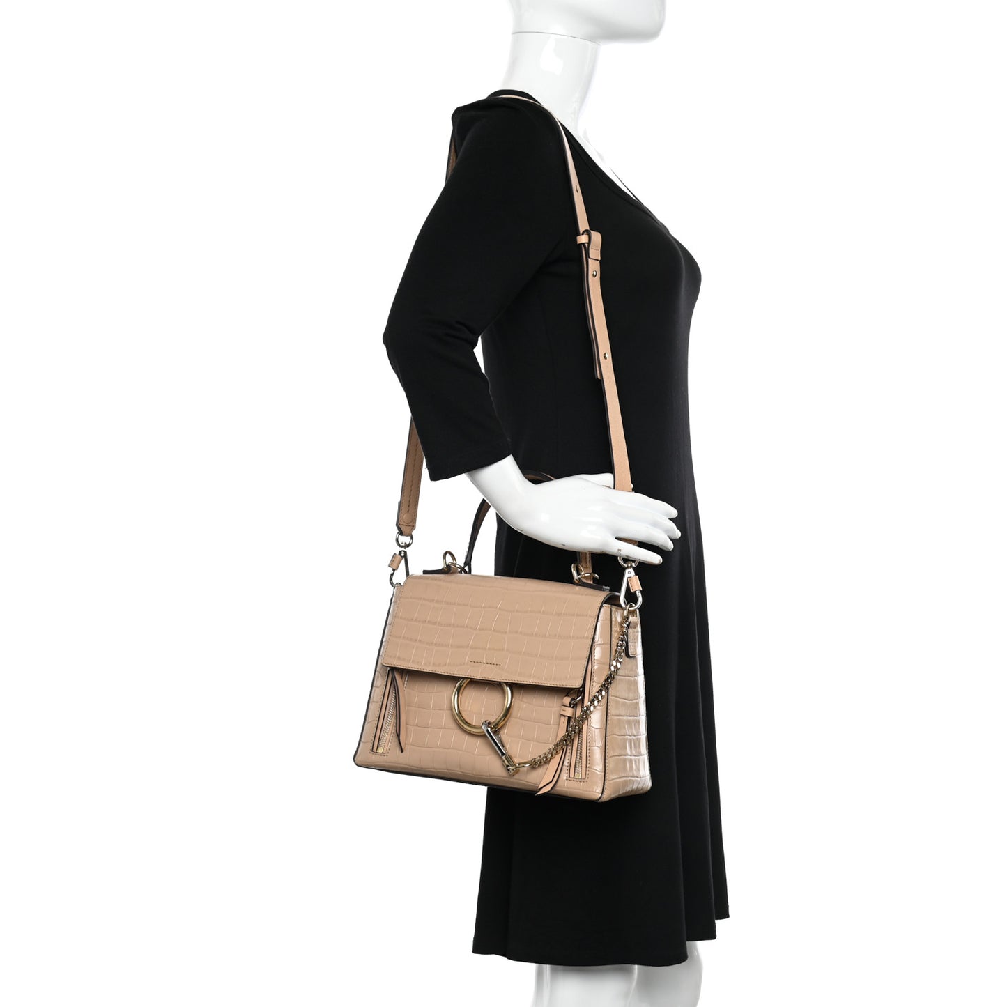 Calfskin Crocodile Embossed Small Faye Day Shoulder Bag Beige