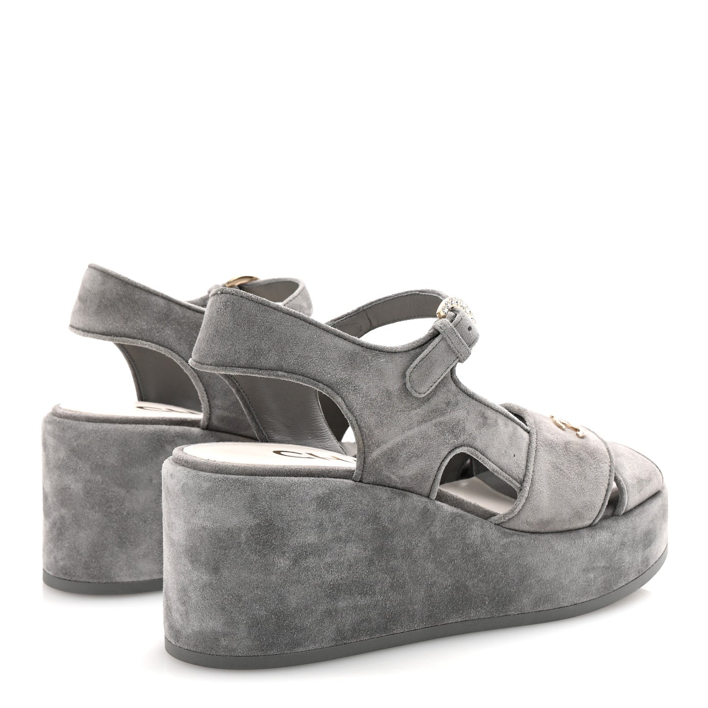 Suede Calfskin Peep Toe Wedge Sandals 37 Grey