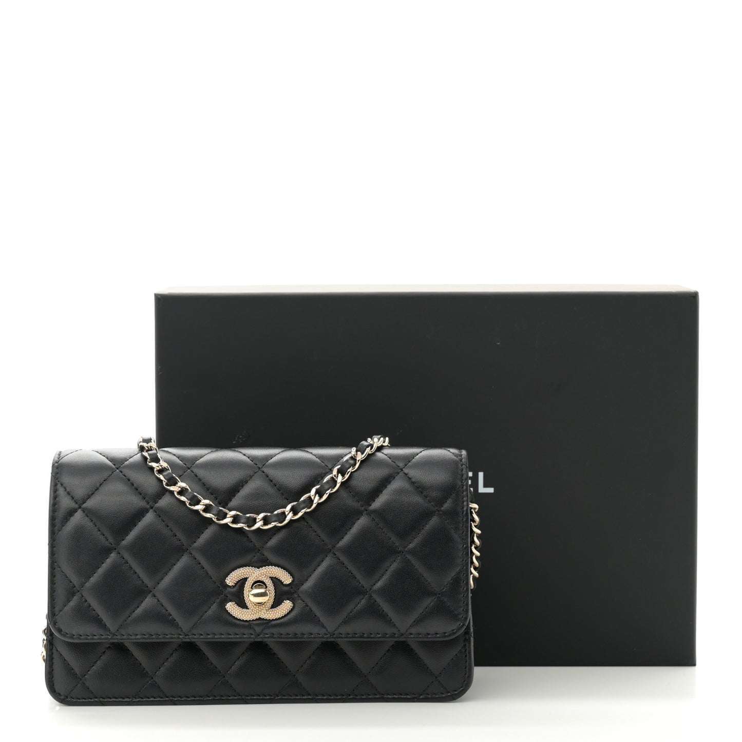 Lambskin Quilted Strass Studded CC Wallet on Chain WOC Black