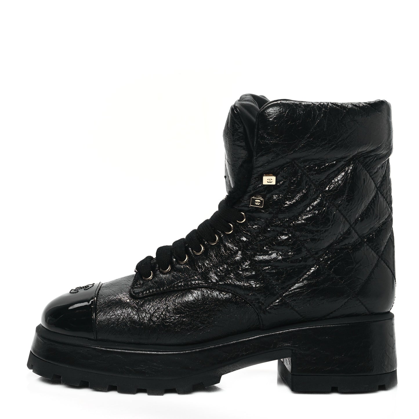 Crumpled Patent Lambskin Calfskin Quilted Lace Up Combat Boots 41.5 Black