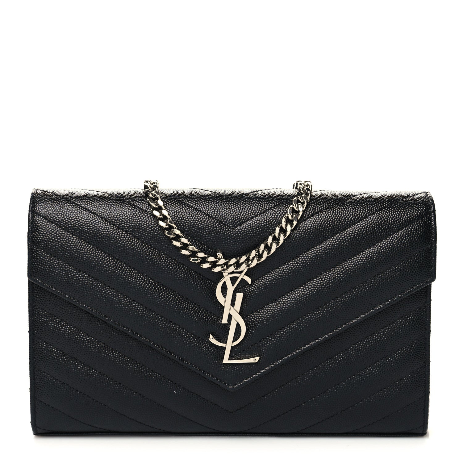 Saint Laurent Grain De Poudre Matelasse Chevron Monogram Chain Wallet Black 1 of 11