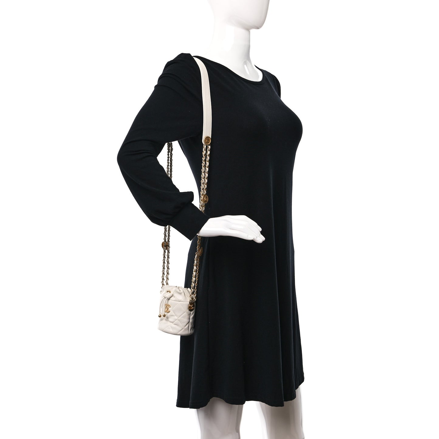 Caviar Quilted Twist Your Buttons Mini Bucket Bag White