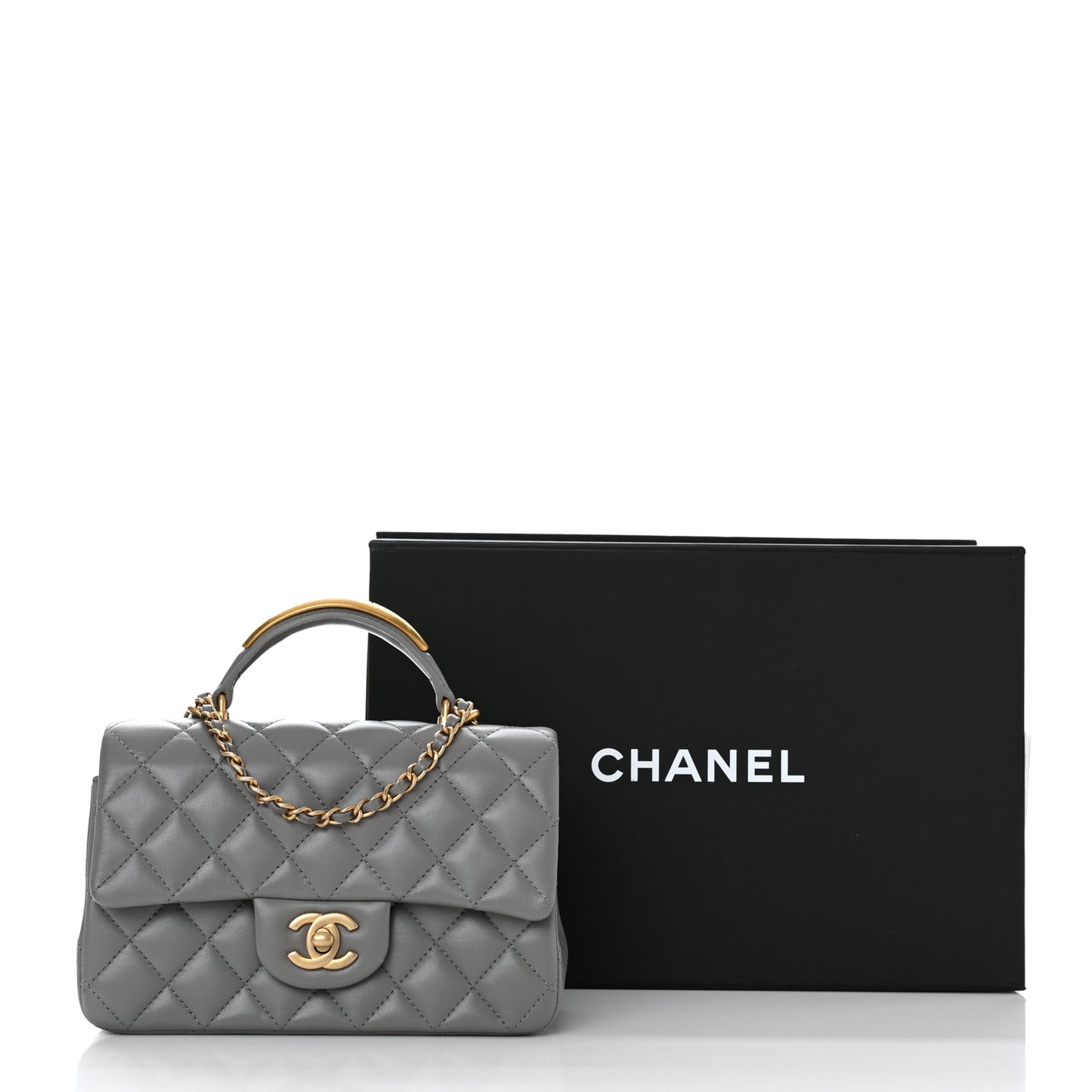 Lambskin Metal Quilted Mini Top Handle Rectangular Flap Grey