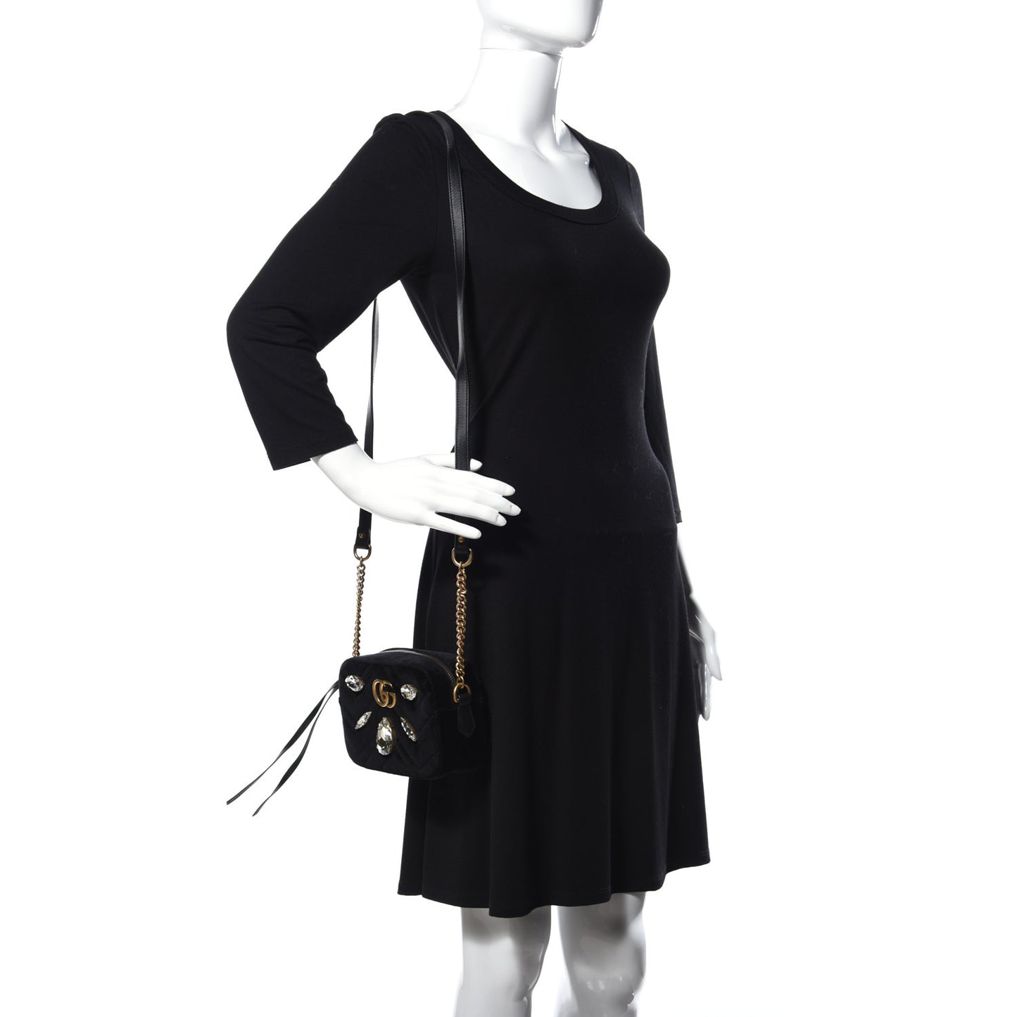 Velvet Matelasse Marquise Crystals Mini GG Marmont Chain Shoulder Bag Black