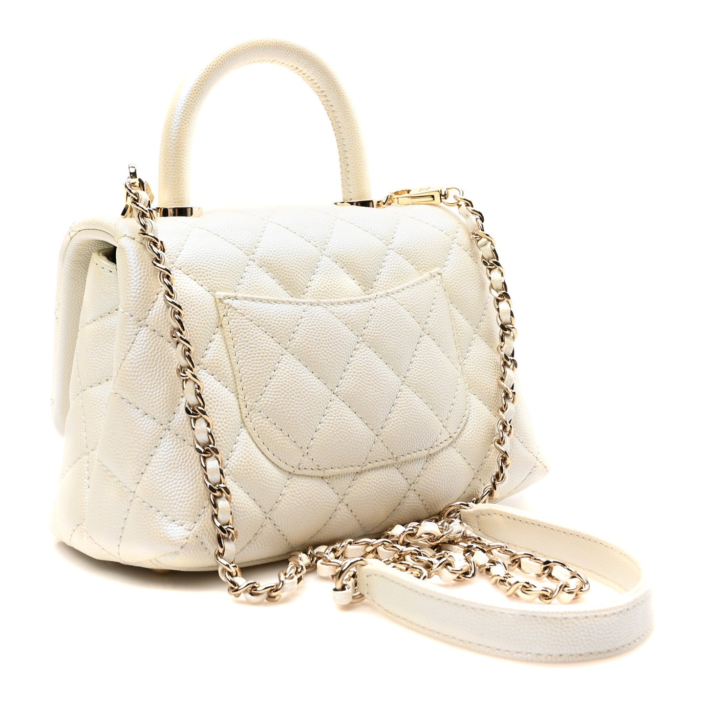Iridescent Caviar Quilted Extra Mini Coco Handle Flap White