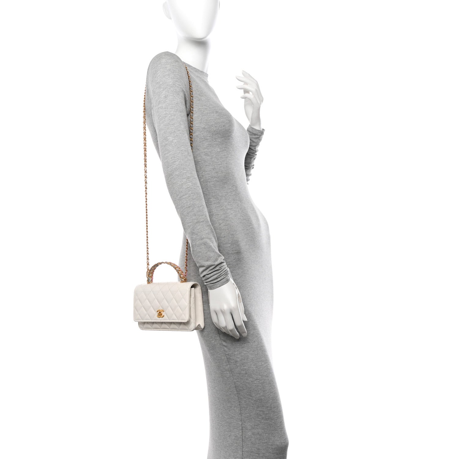 Chanel Shiny Calfskin Quilted Multicolor Top Handle Wallet On Chain WOC White 2 of 11