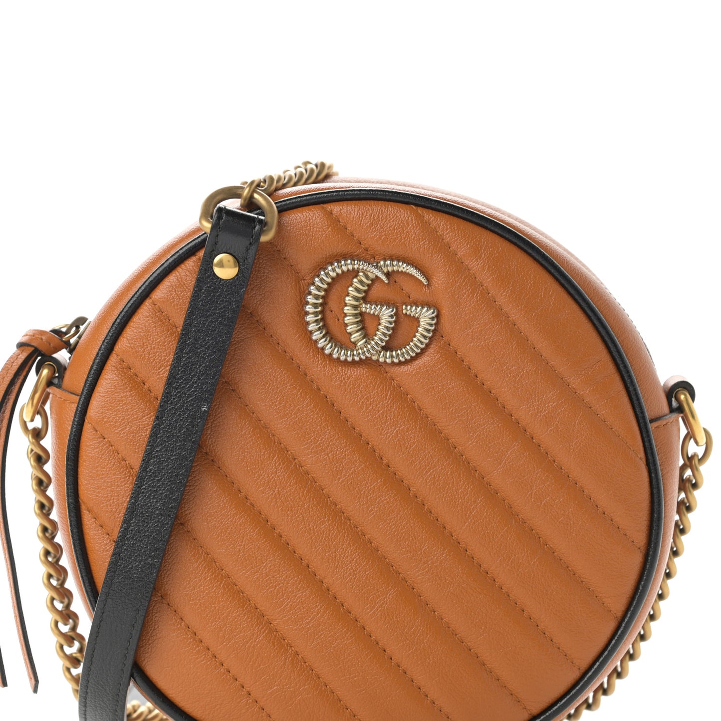 Azalea Calfskin Matelasse Diagonal Mini Torchon GG Marmont Round Shoulder Bag Cognac Black