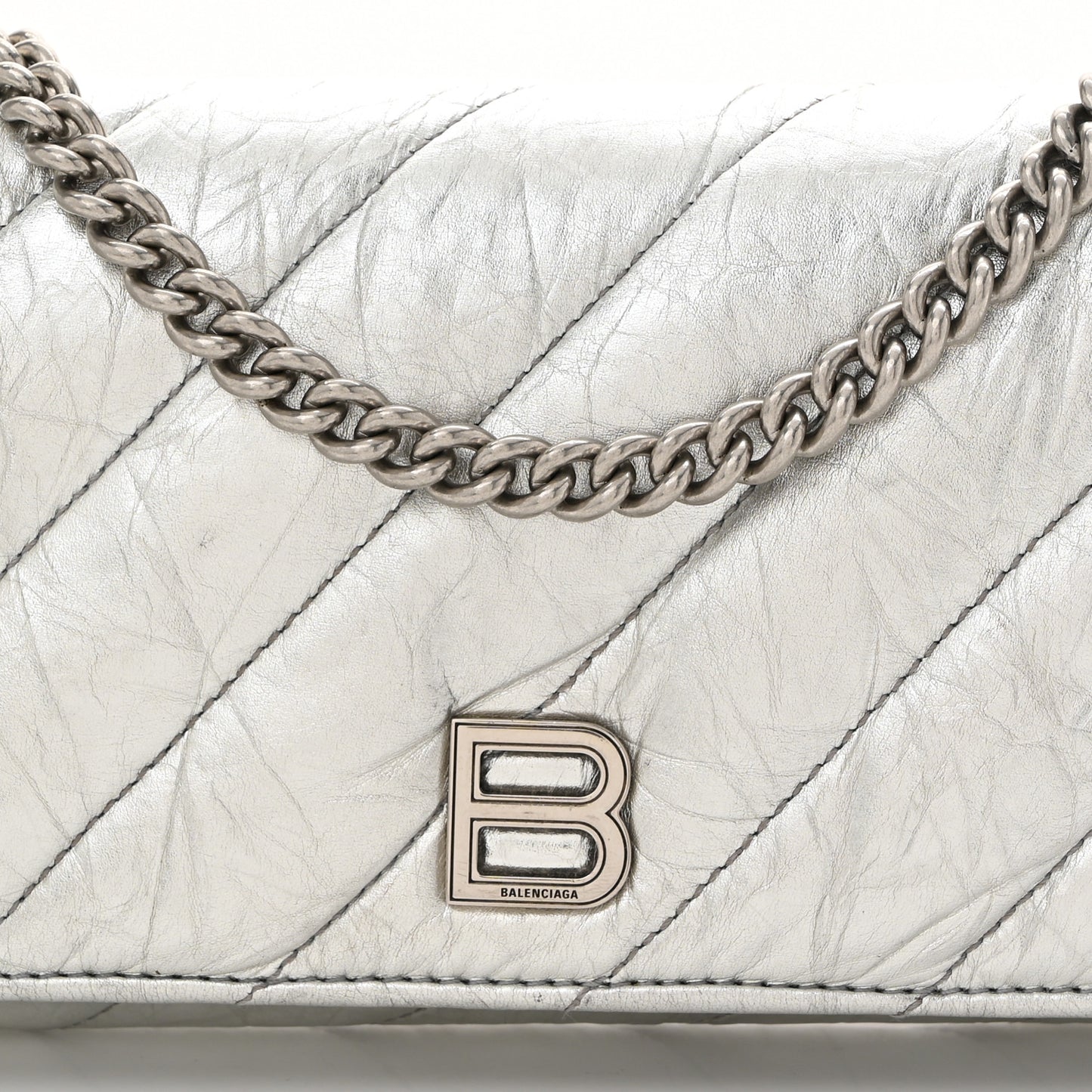 Metallic Calfskin Quilted Crush Wallet On Chain Silver