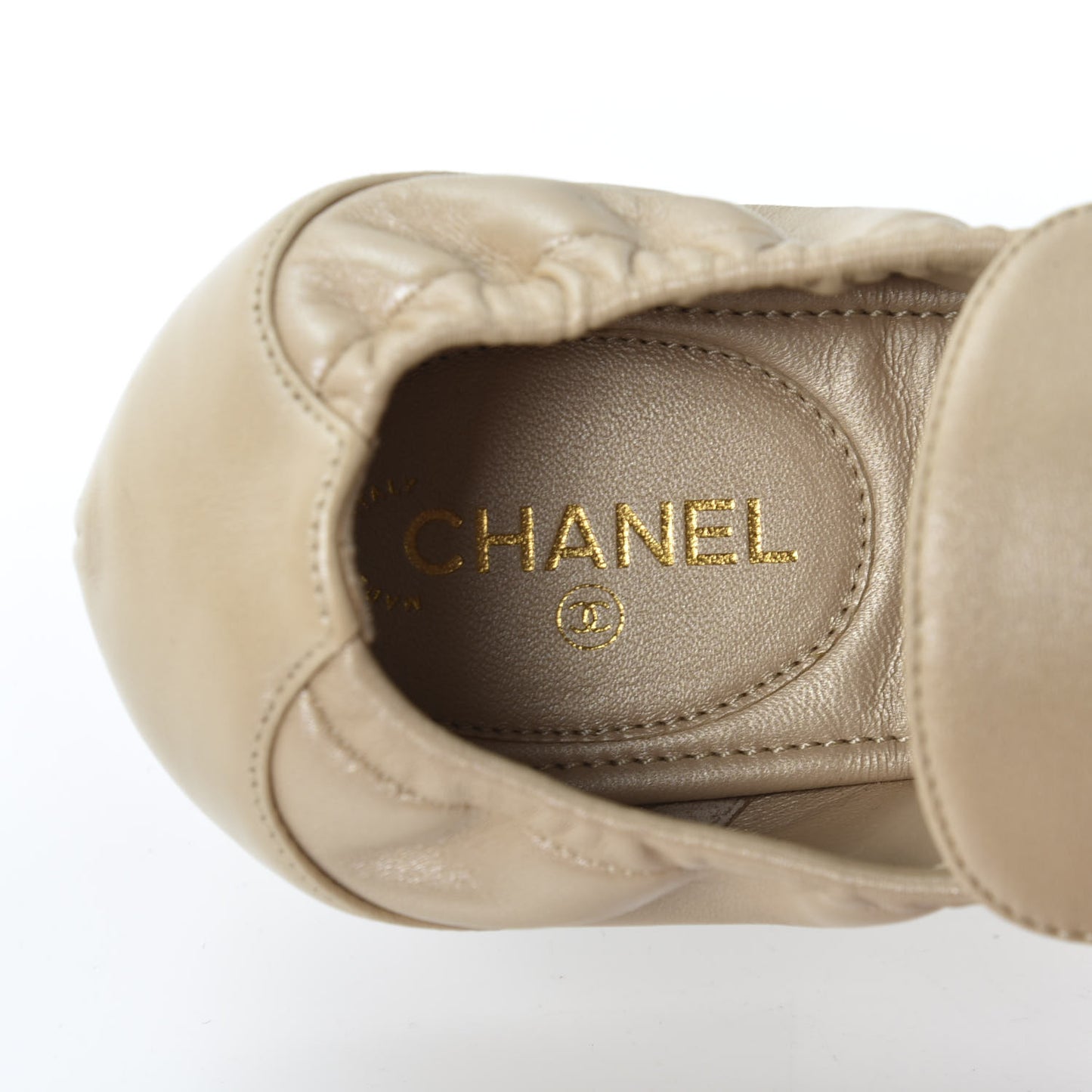 Laminated Lambskin Womens Quilted Elastic CC Moccasin Loafers 36.5 Beige