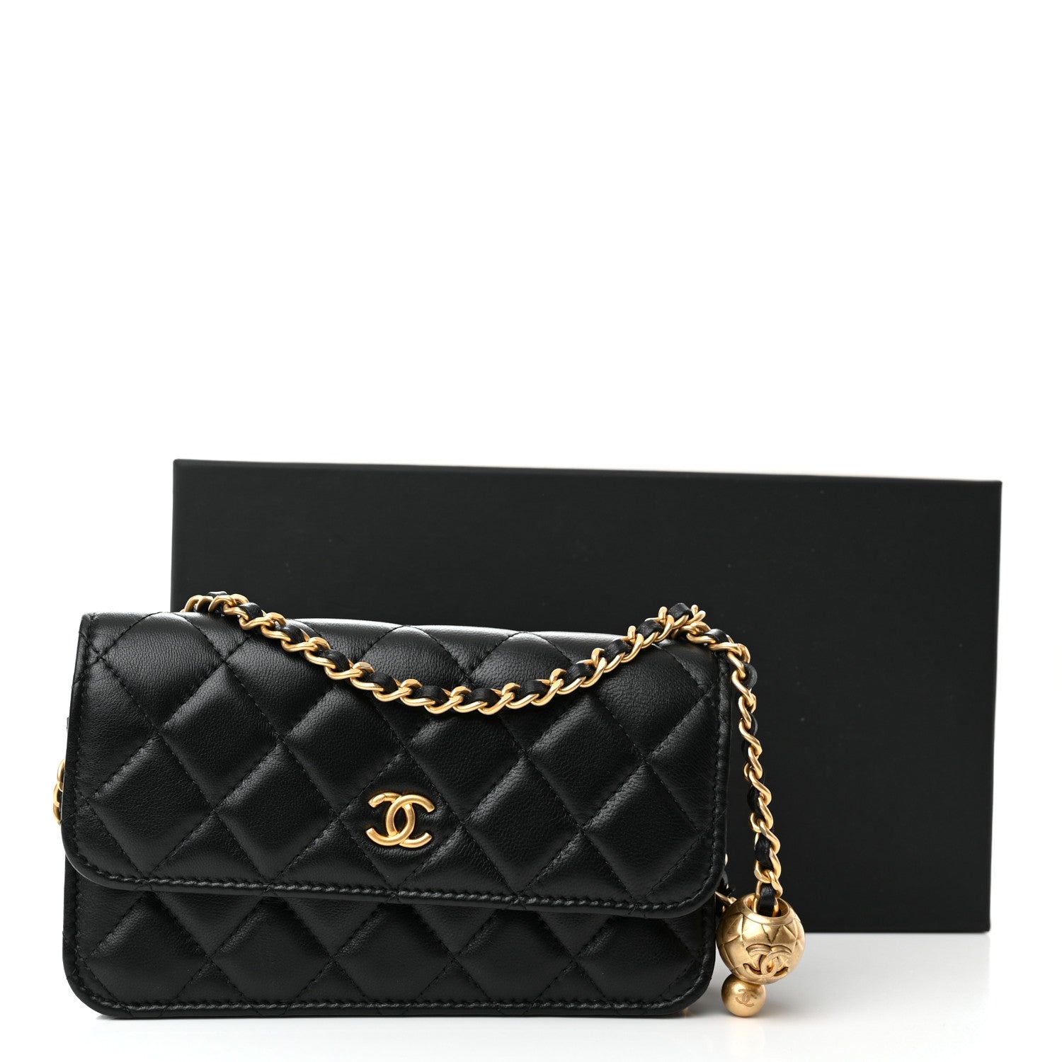 Chanel Lambskin Pearl Crush Quilted Flap Phone Holder With Chain Black 13 of 13