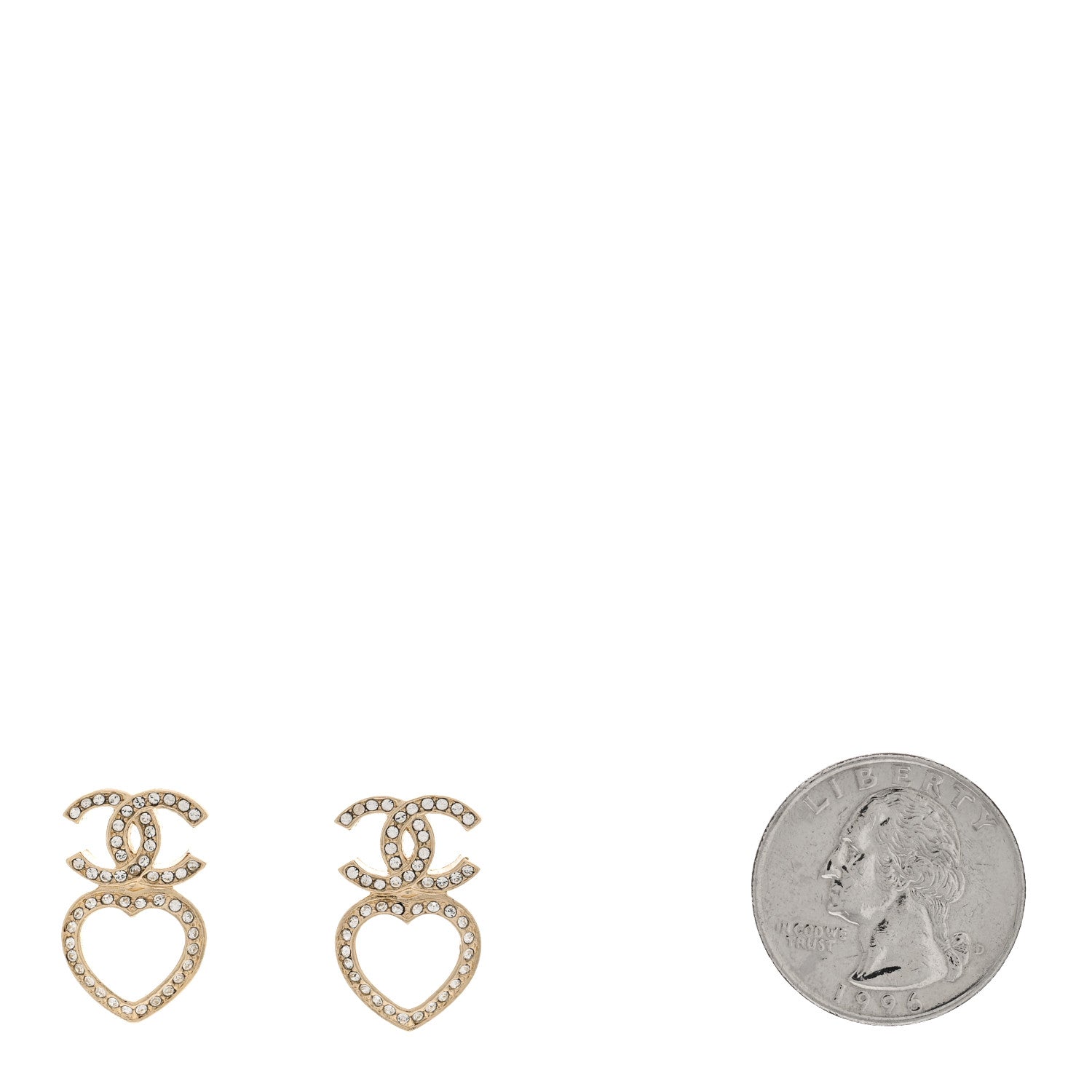 Chanel Metal Crystal CC Heart Drop Earrings Gold 2 of 5