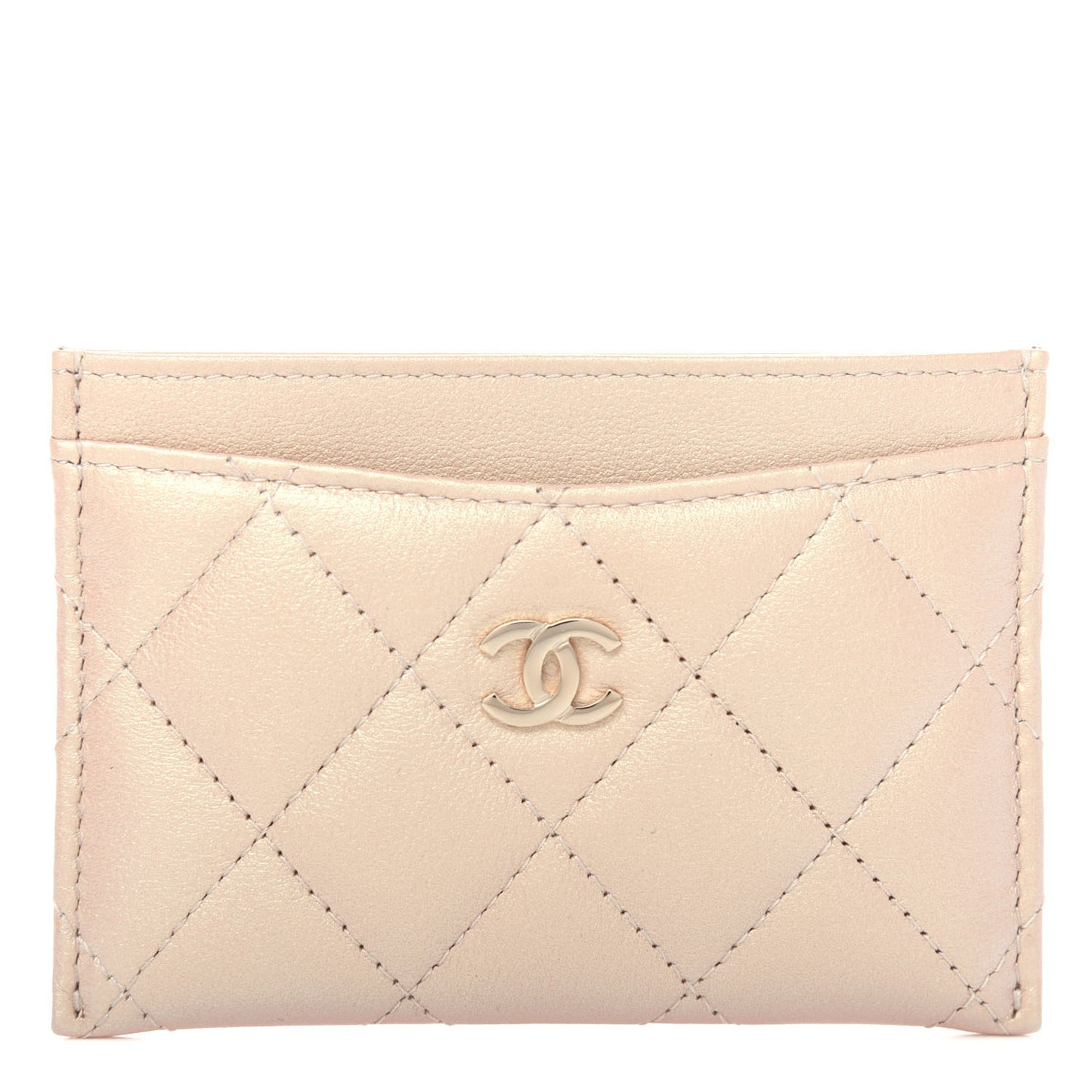Iridescent Calfskin Quilted Card Holder Beige