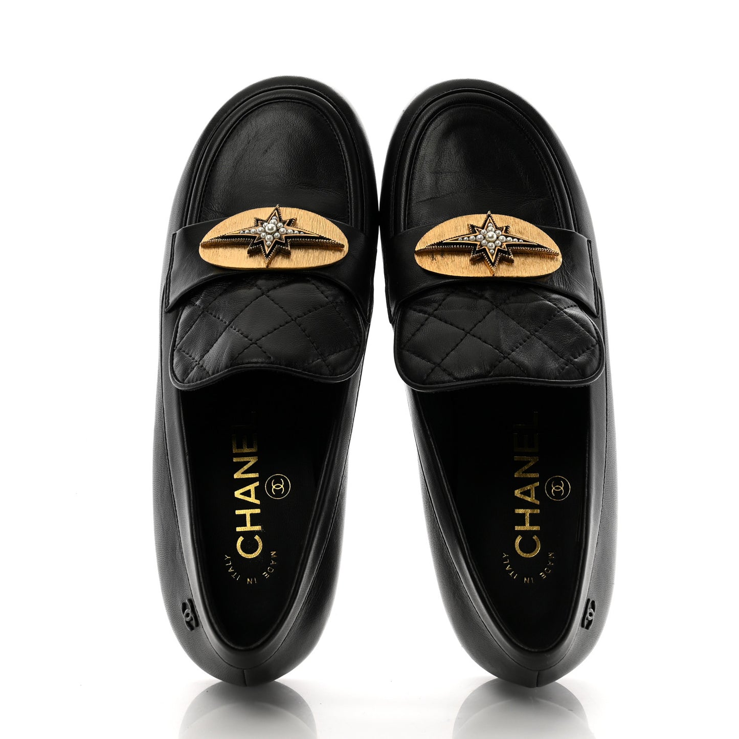 Lambskin Quilted Pearl Embellished Mocassin Loafers 35 Black