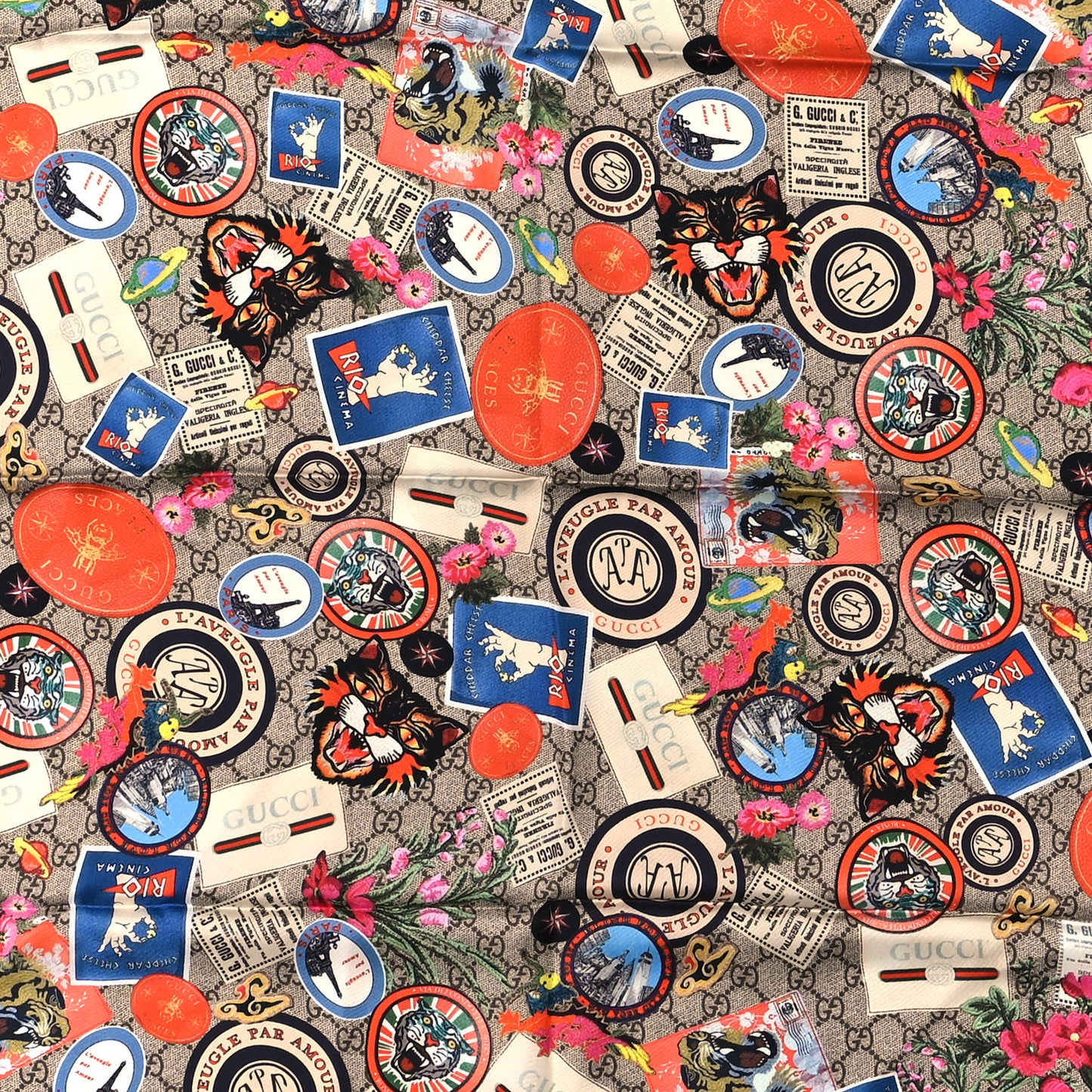 Silk Twill Monogram Courrier Square Scarf Beige Light Brown