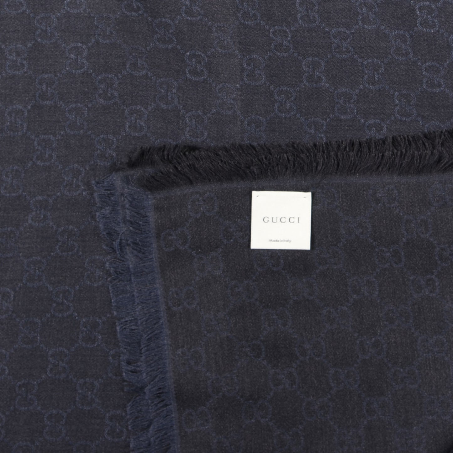 Wool Silk Monogram Fringe Shawl Dark Grey