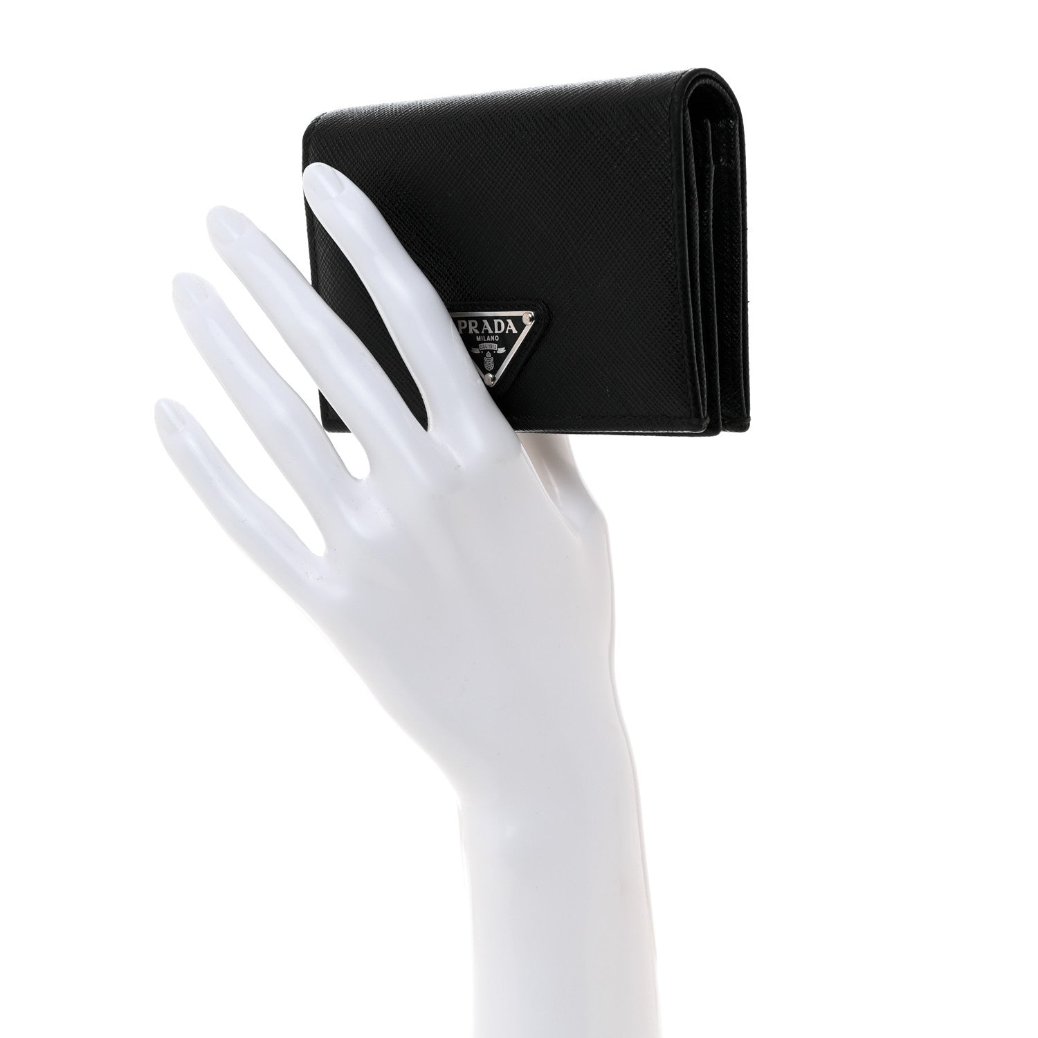 Prada Saffiano Triangle Bi-Fold Card Holder Wallet Black 2 of 6