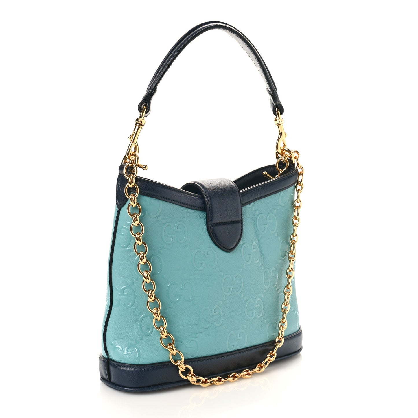 Wonka Grain Calfskin Bi-Color GG Debossed Small Padlock Shoulder Bag Dusty Azure Blue