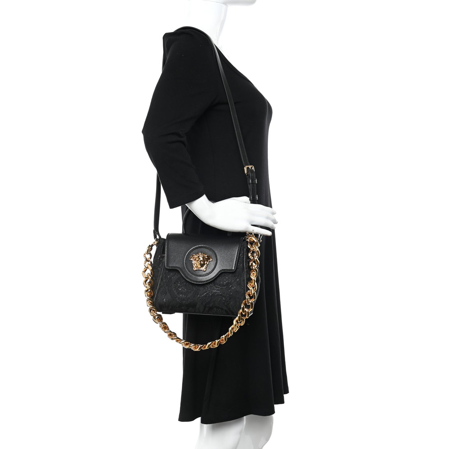 Calfskin Lurex Cloquet Small La Medusa Chain Top Handle Handbag Black
