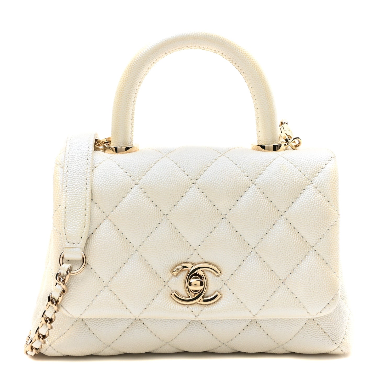 Iridescent Caviar Quilted Extra Mini Coco Handle Flap White