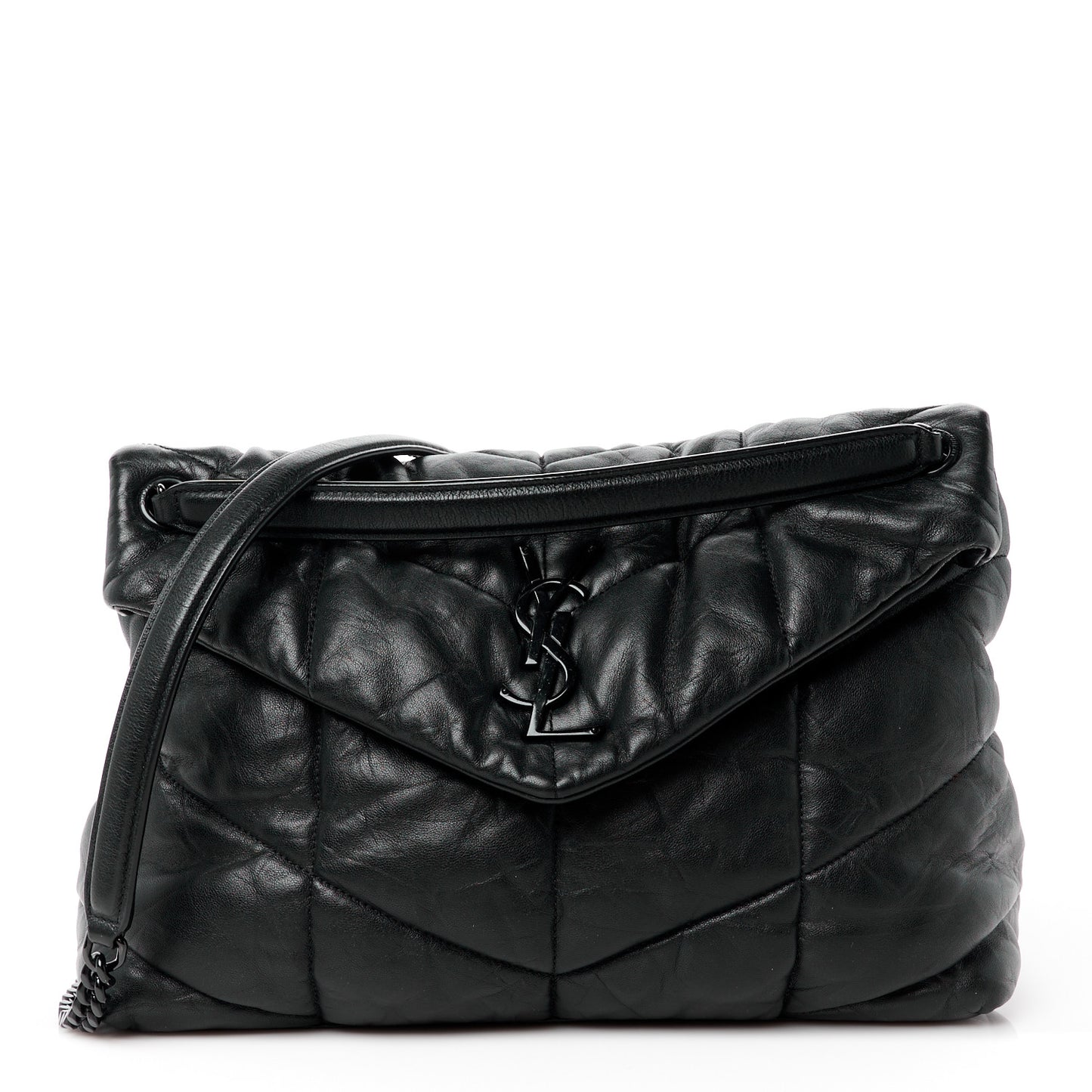Lambskin Quilted Monogram Monochrome Medium Loulou Puffer Chain Satchel Black