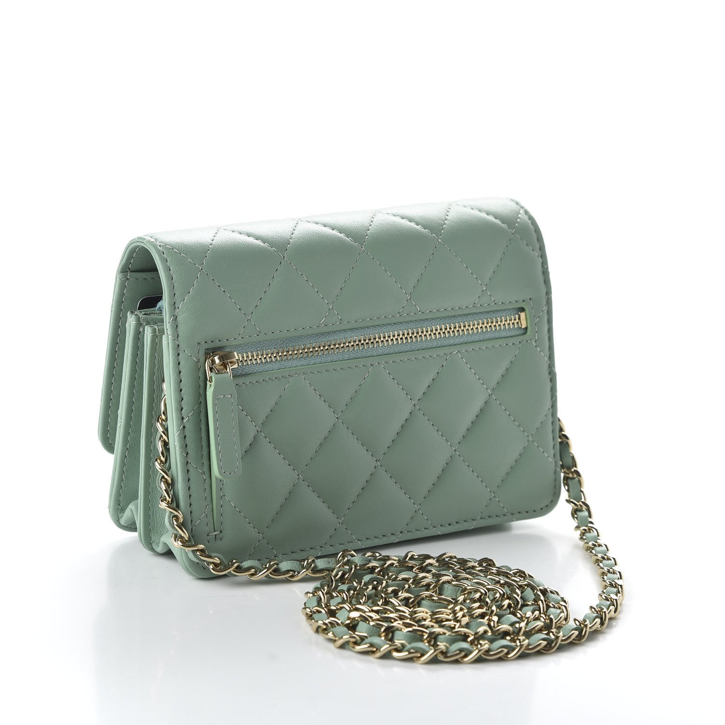 Lambskin Quilted Mini Wallet On Chain WOC Light Green