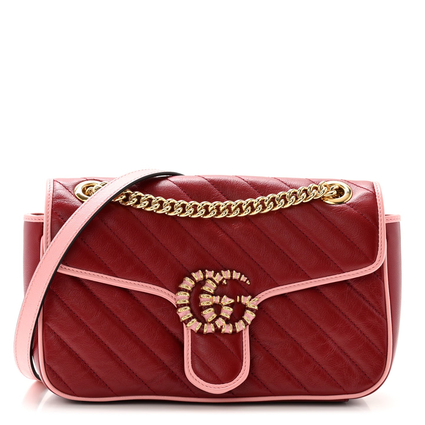 Azalea Calfskin Enamel Matelasse Diagonal Small Torchon GG Marmont Shoulder Bag New Cherry Red Wild Rose